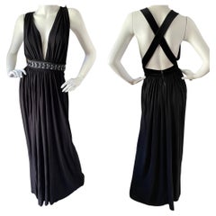 D&G by Dolce & Gabbana Vintage Plunging Black Evening Dress w Embellished Waist