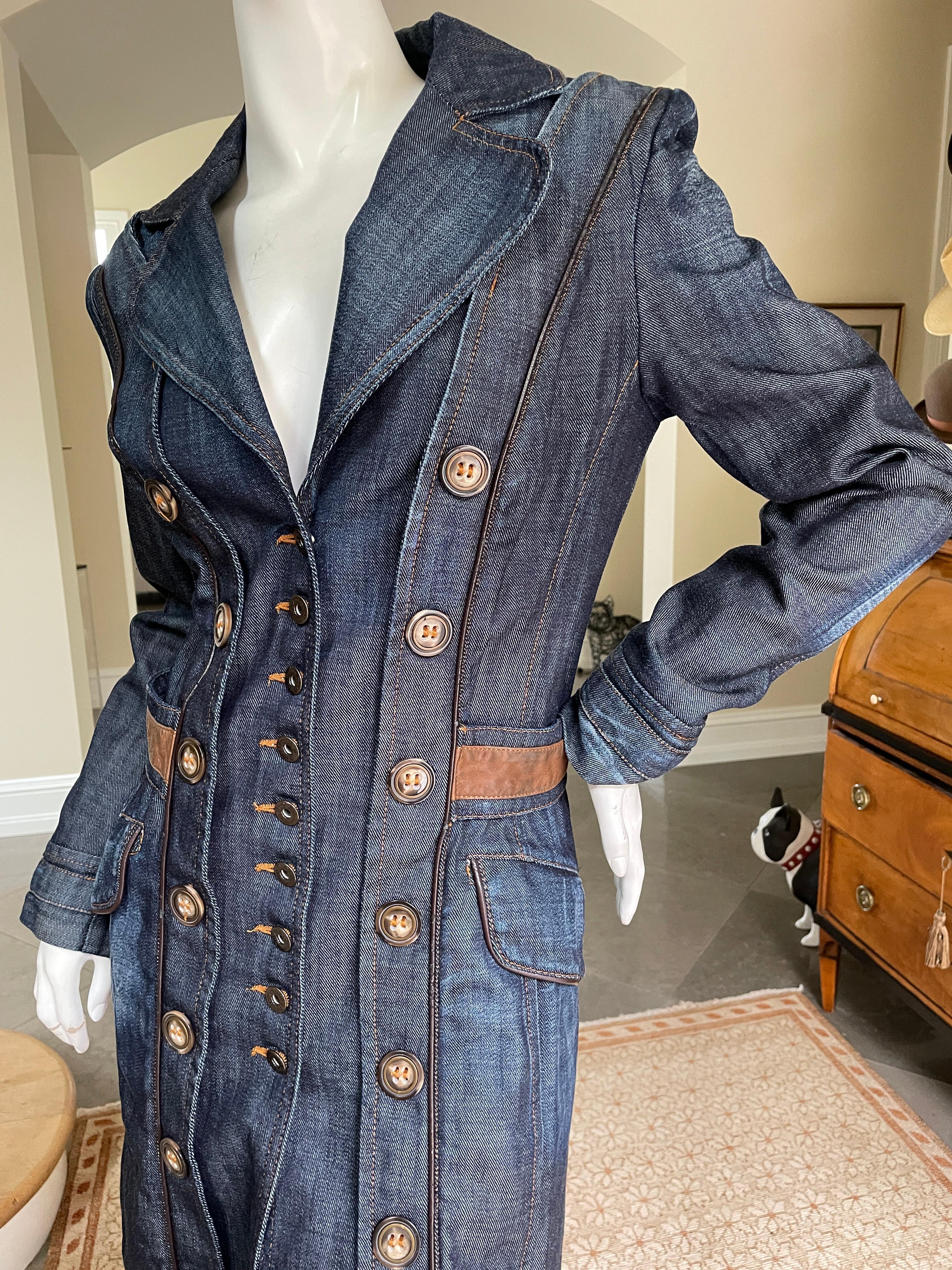 D&G by Dolce & Gabbana Vintage Silk Lined Denim Coat with Leather Waistband For Sale 4