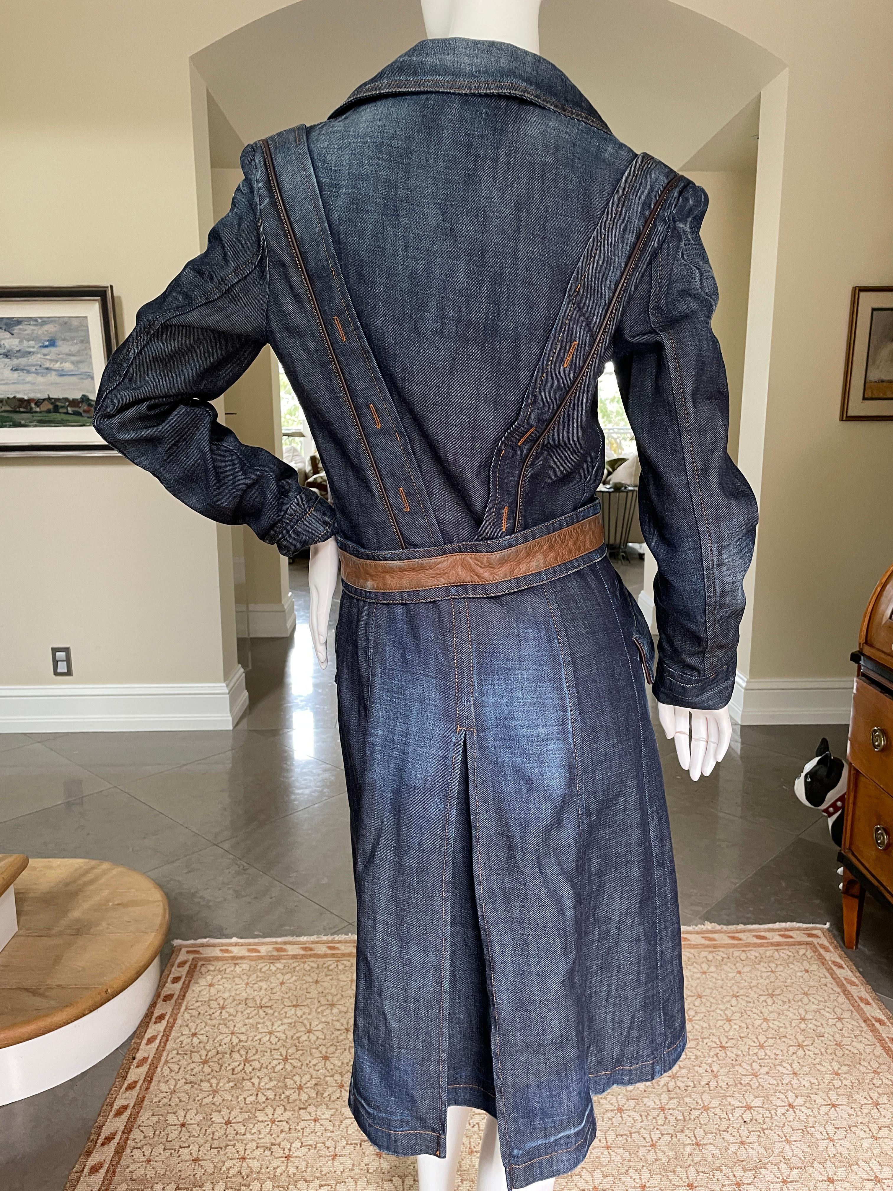Gray D&G by Dolce & Gabbana Vintage Silk Lined Denim Coat with Leather Waistband For Sale