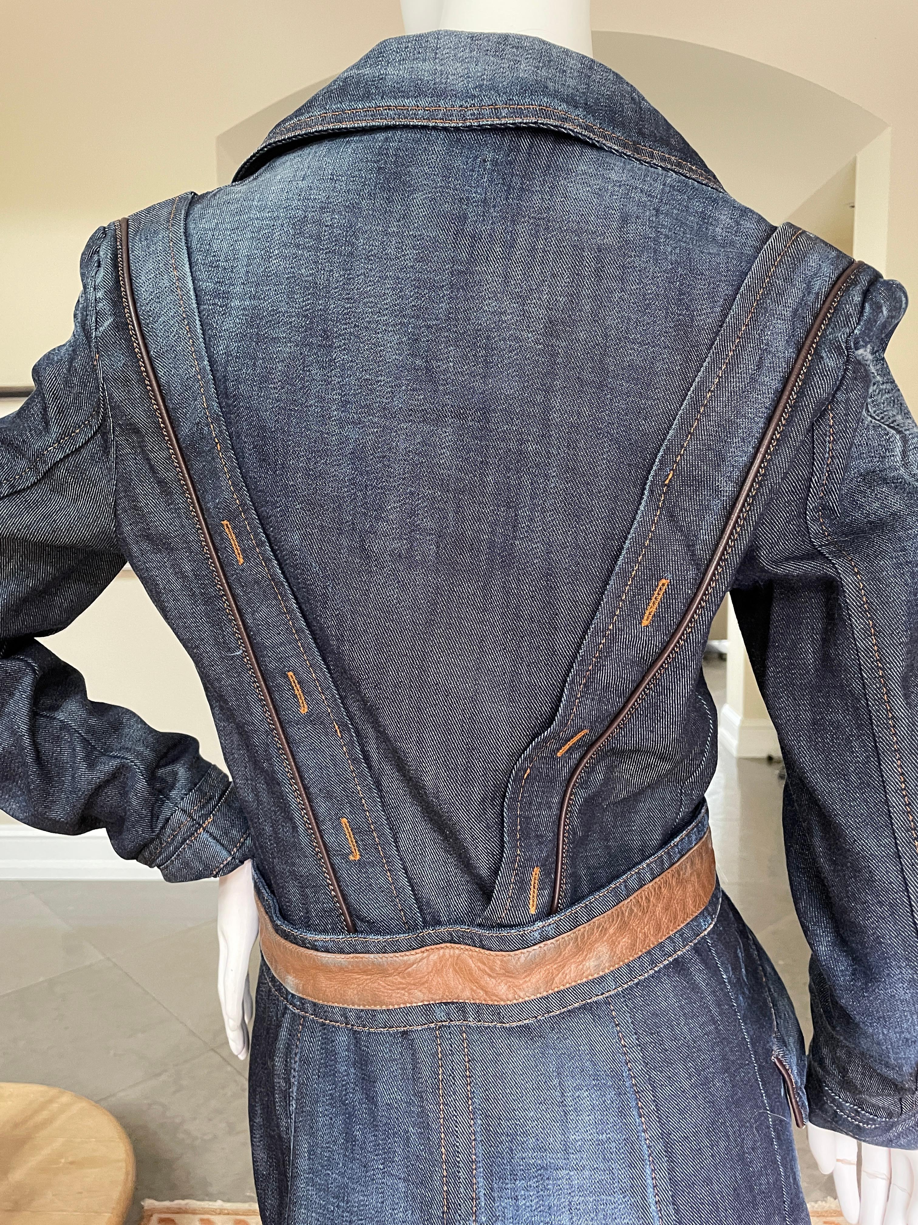 D&G by Dolce & Gabbana Vintage Silk Lined Denim Coat with Leather Waistband In Excellent Condition For Sale In Cloverdale, CA