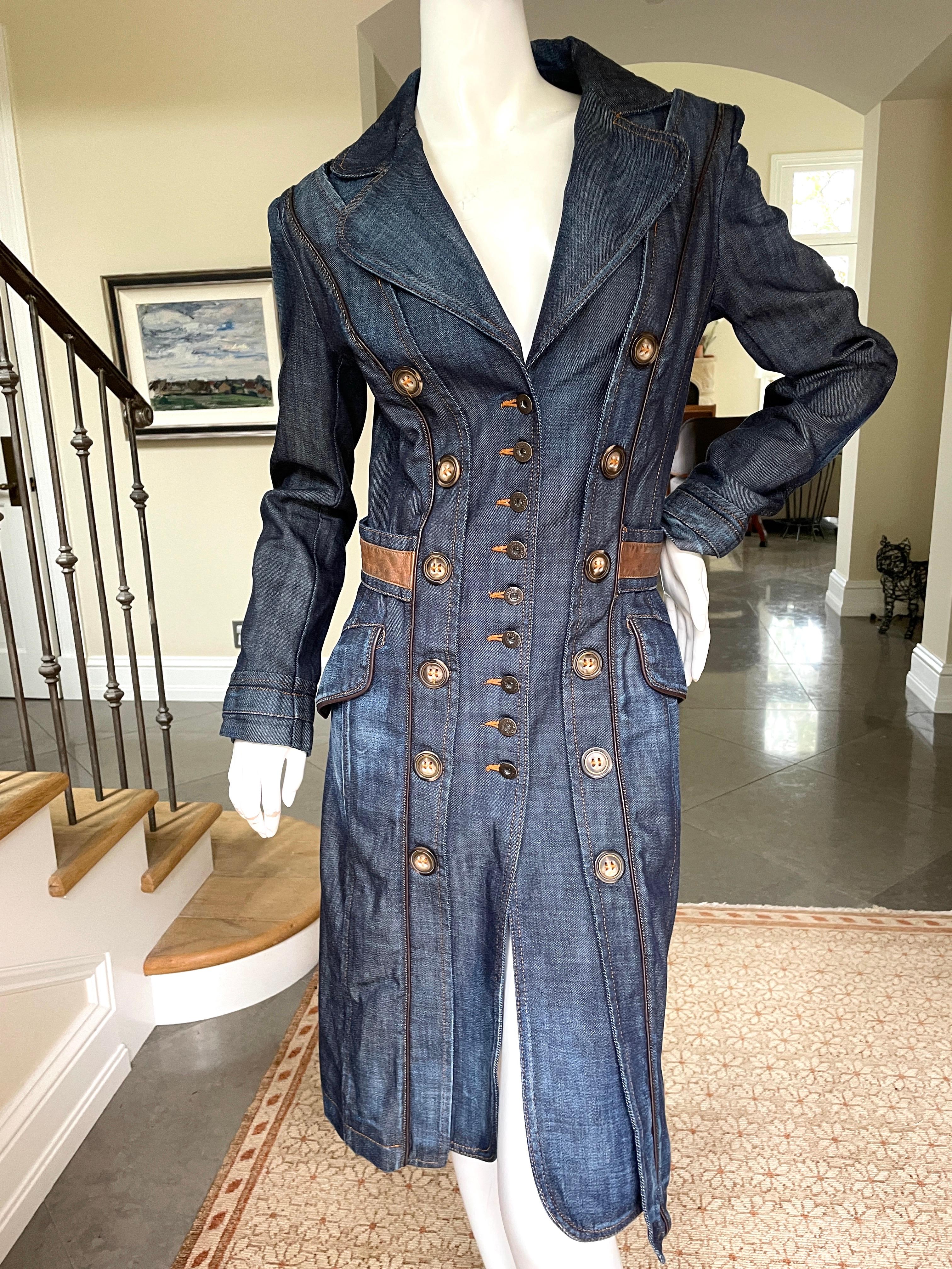 D&G by Dolce & Gabbana Vintage Silk Lined Denim Coat with Leather Waistband For Sale 1