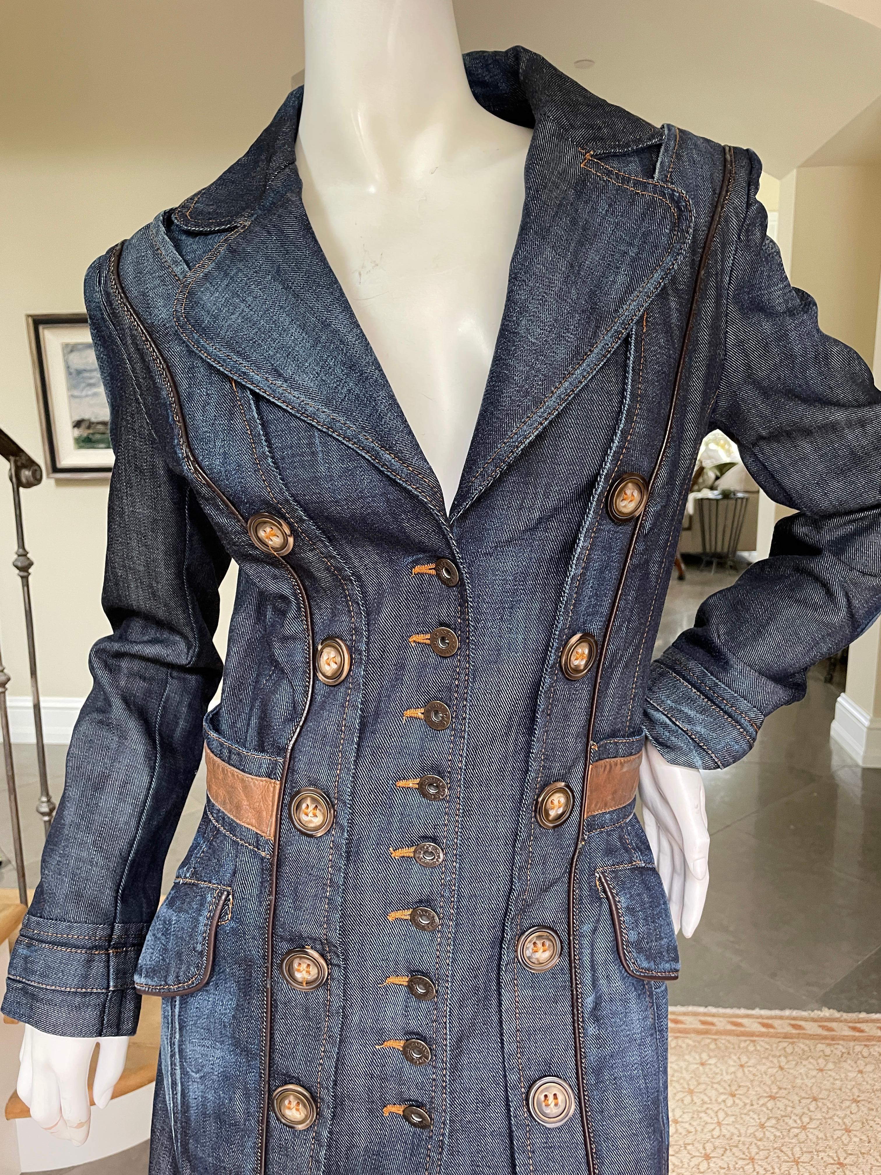 D&G by Dolce & Gabbana Vintage Silk Lined Denim Coat with Leather Waistband For Sale 2