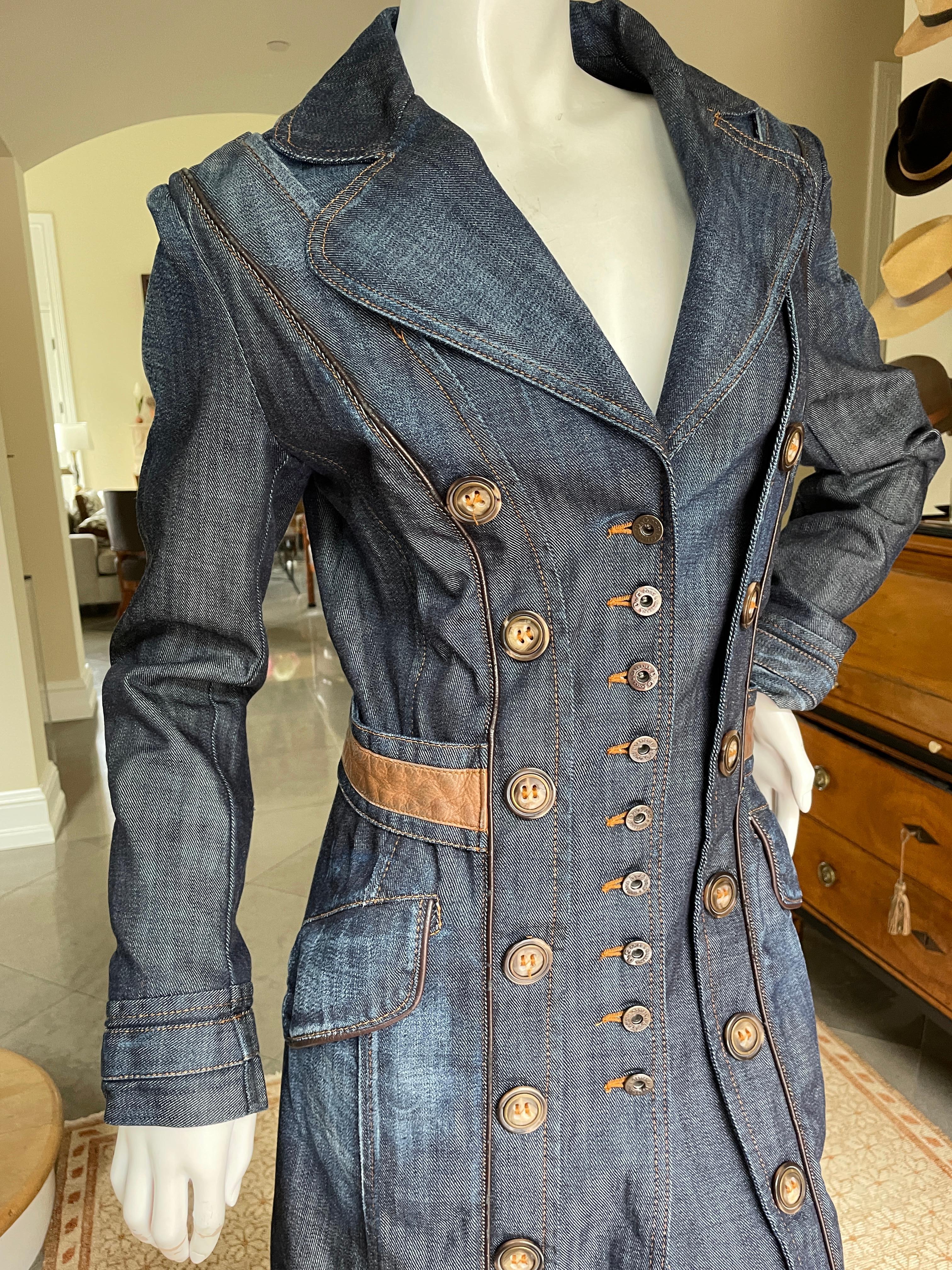 D&G by Dolce & Gabbana Vintage Silk Lined Denim Coat with Leather Waistband For Sale 3