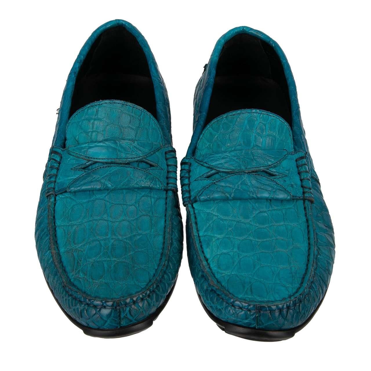 D&G - Caiman Leather Moccasins Loafer Shoes RAGUSA Turquoise Blue EUR 40 In Excellent Condition For Sale In Erkrath, DE