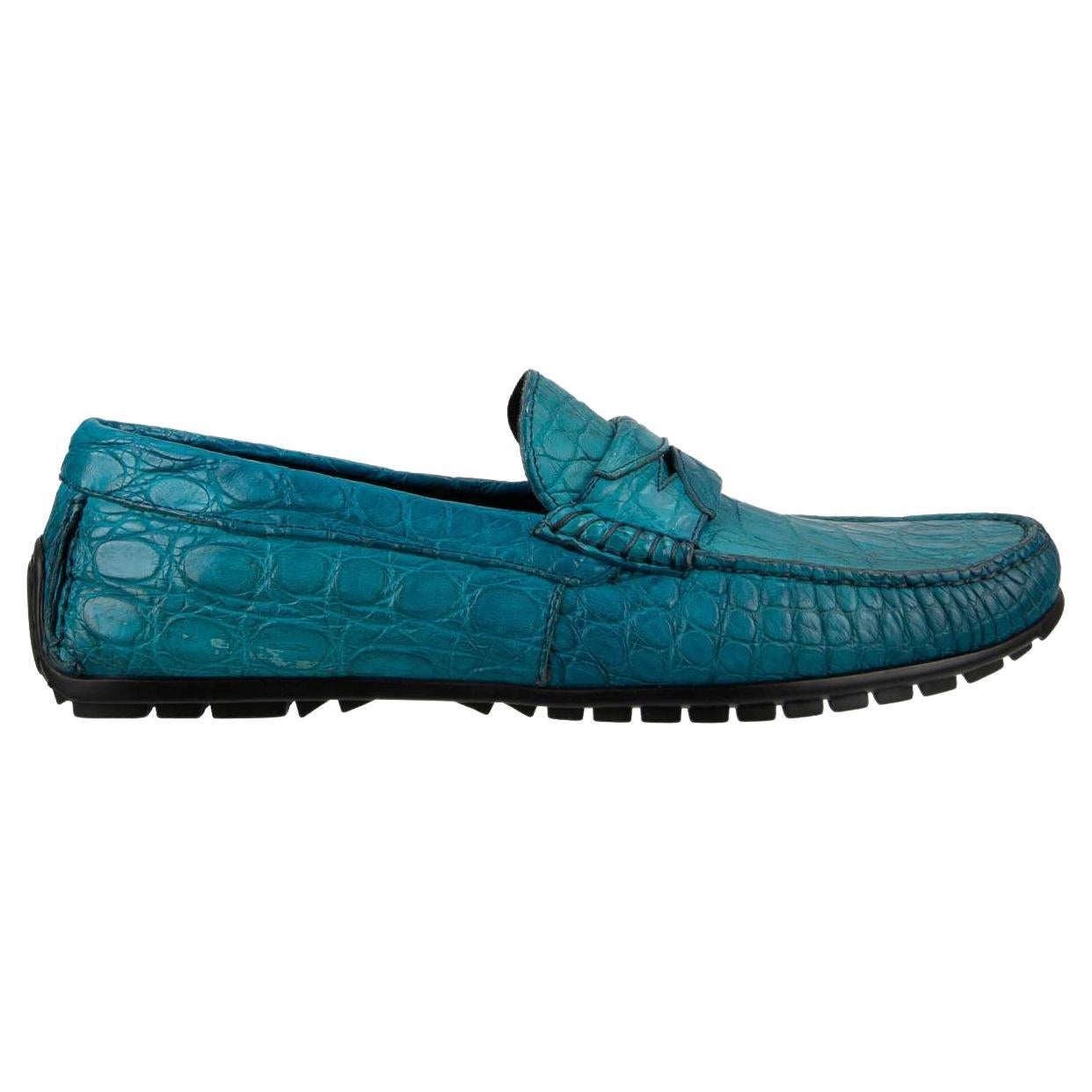 D&G - Caiman Leather Moccasins Loafer Shoes RAGUSA Turquoise Blue EUR 40 For Sale