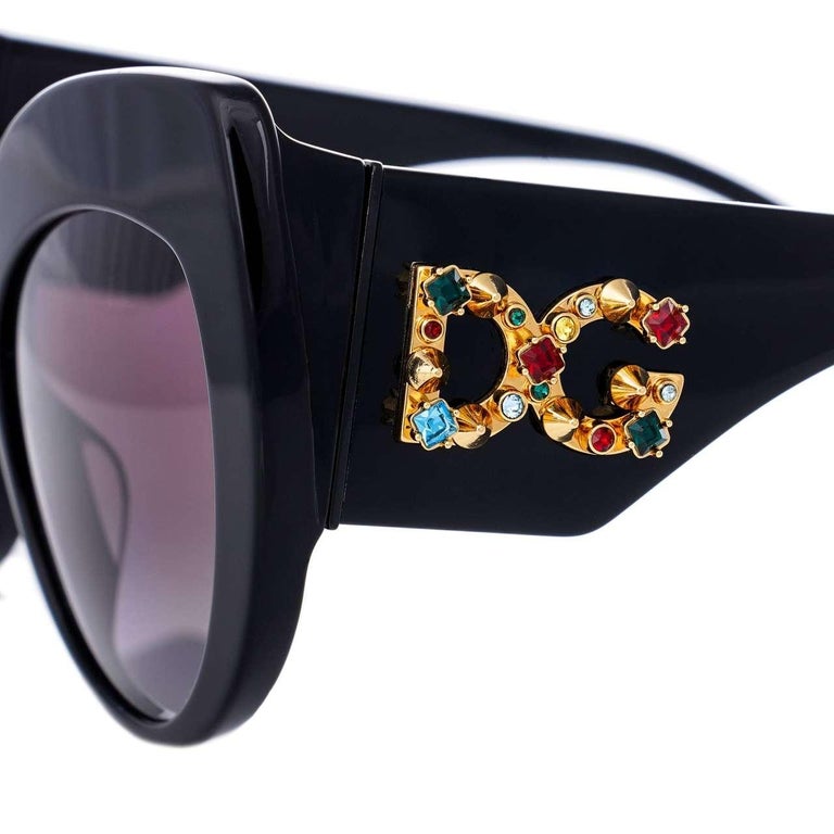 D&G Cat Eye Sunglasses DG 4321 with Crystals and Studs Logo Gold Black For Sale at 1stDibs