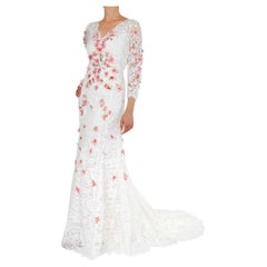 D&G Cherry Flower Embroidery Floral Lace Train Maxi Wedding Dress White 44 M