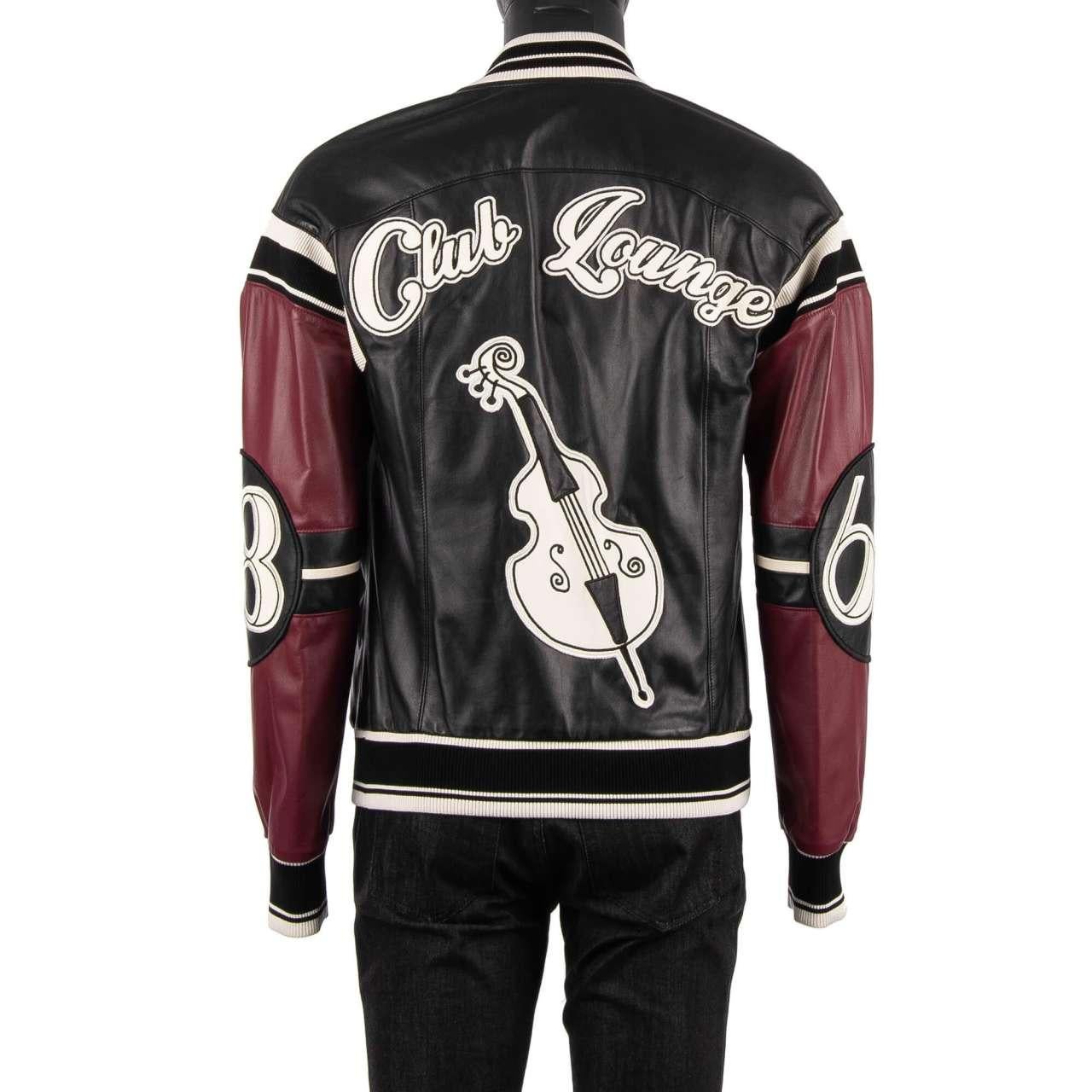 D&G Club Lounge Cello Embroidered Bomber Leather Jacket Black Bordeaux 44 In Excellent Condition For Sale In Erkrath, DE