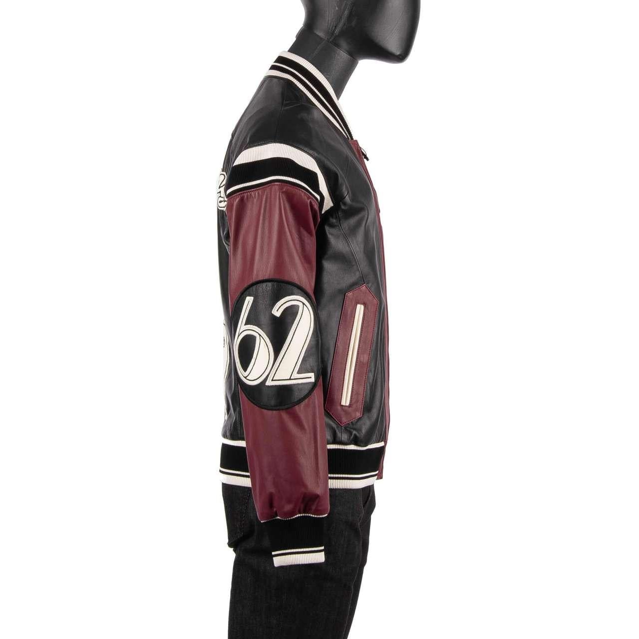 Men's D&G Club Lounge Cello Embroidered Bomber Leather Jacket Black Bordeaux 44 For Sale