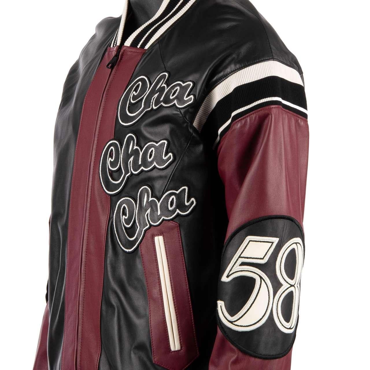D&G Club Lounge Cello Embroidered Bomber Leather Jacket Black Bordeaux 44 For Sale 2