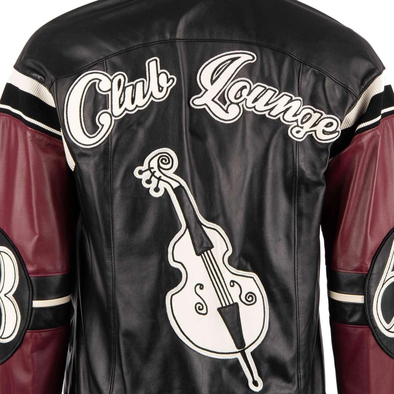 D&G Club Lounge Cello Embroidered Bomber Leather Jacket Black Bordeaux 44 For Sale 3