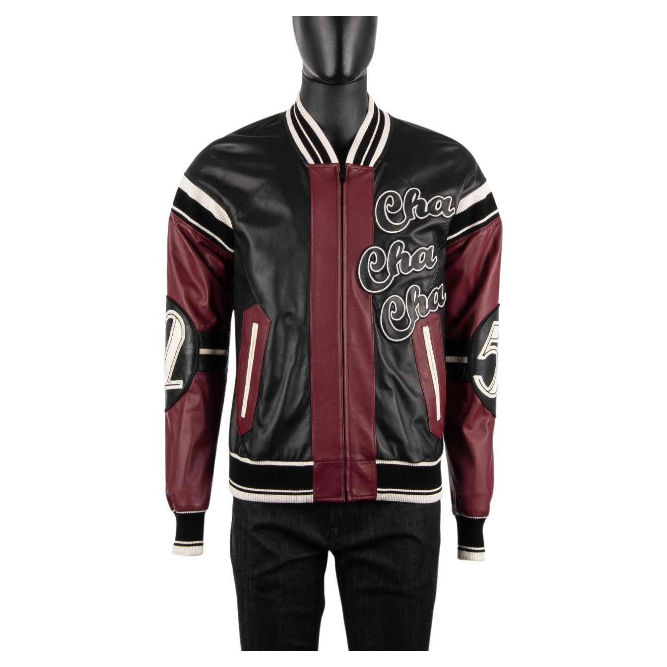 D&G Club Lounge Cello Embroidered Bomber Leather Jacket Black Bordeaux 44 For Sale