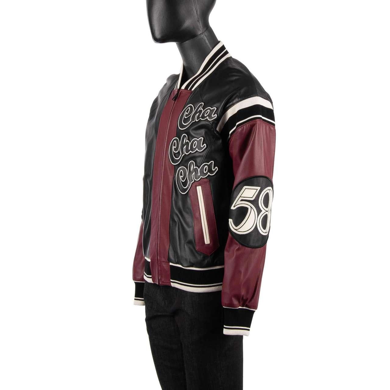 - Embroidered sheep bomber leather jacket with embroidered Cello and wordings Club Lounge, Cha Cha Cha, Numbers 58 and 62 and knitted details by DOLCE & GABBANA - New with tag - Former RRP: EUR 3.800 - MADE IN ITALY - Regular Fit - Model: