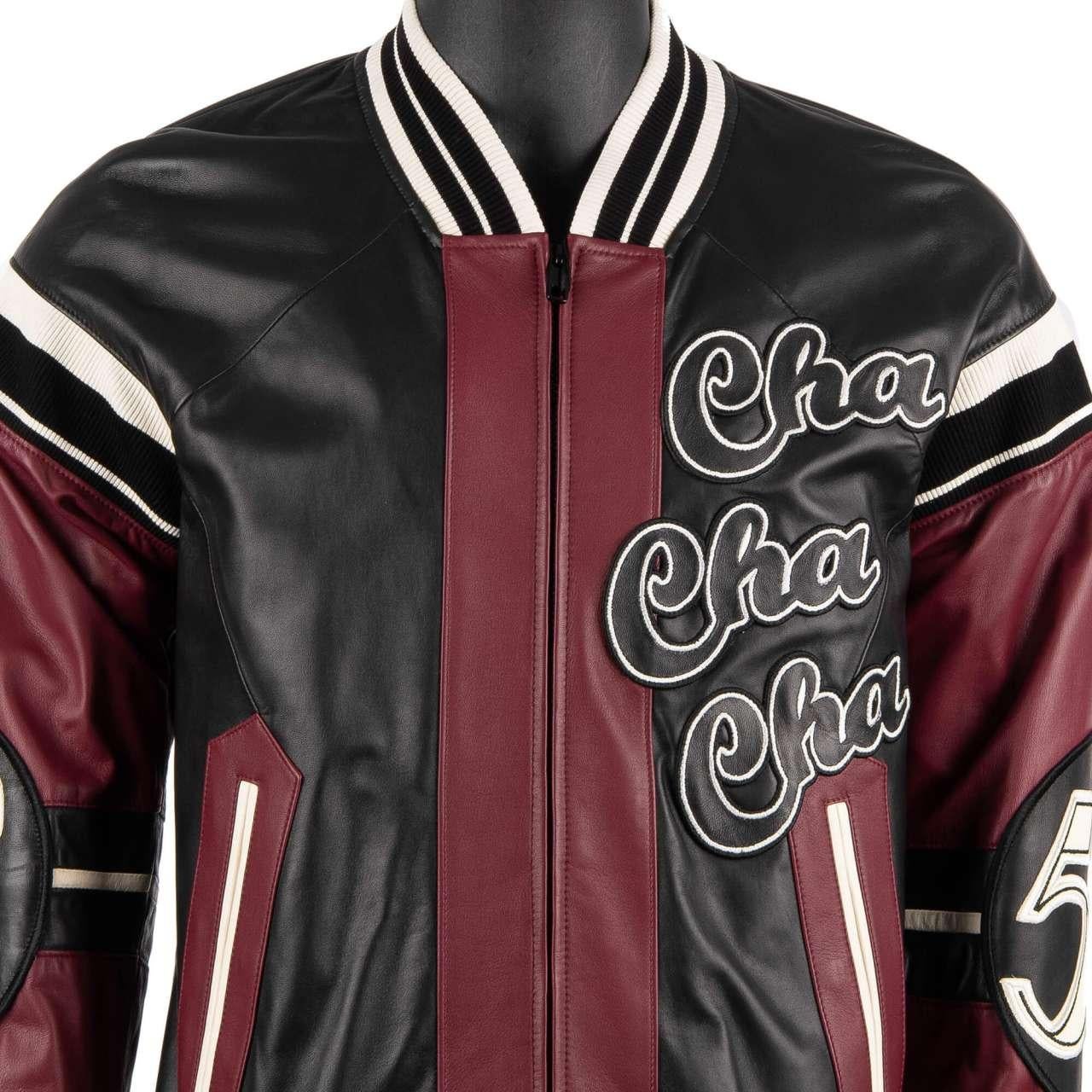 Men's D&G Club Lounge Cello Embroidered Bomber Leather Jacket Black Bordeaux 52 For Sale