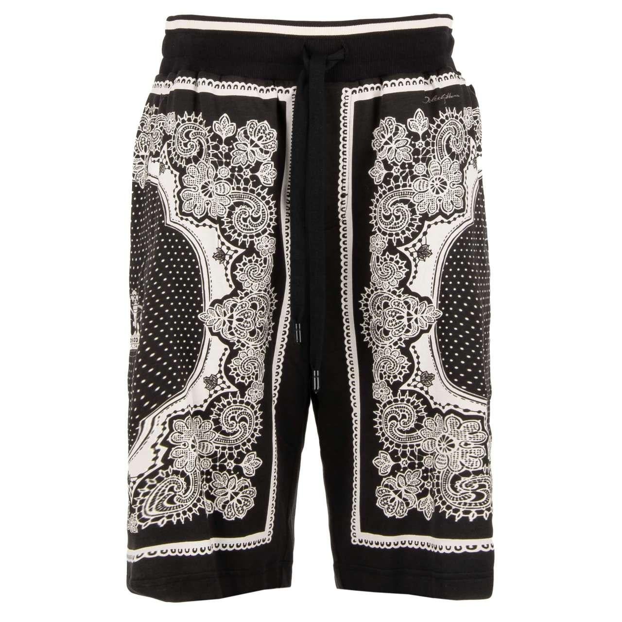 Men's D&G - Cotton Sweatshorts with Bandana Crown Print and Pockets Black White 48 M For Sale