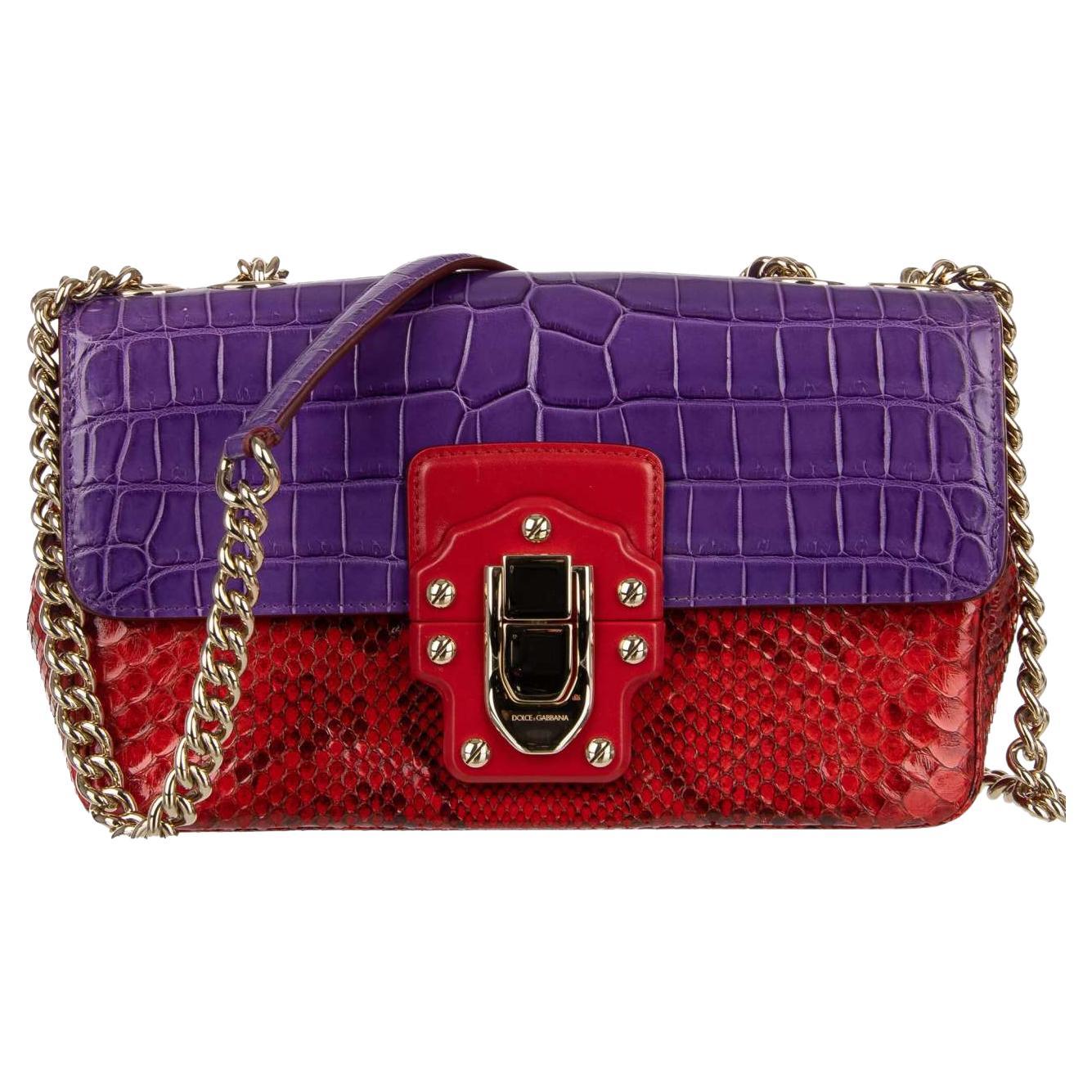 D&G Croco Snake Leather Shoulder Bag LUCIA with Chain Strap Red Purple For Sale