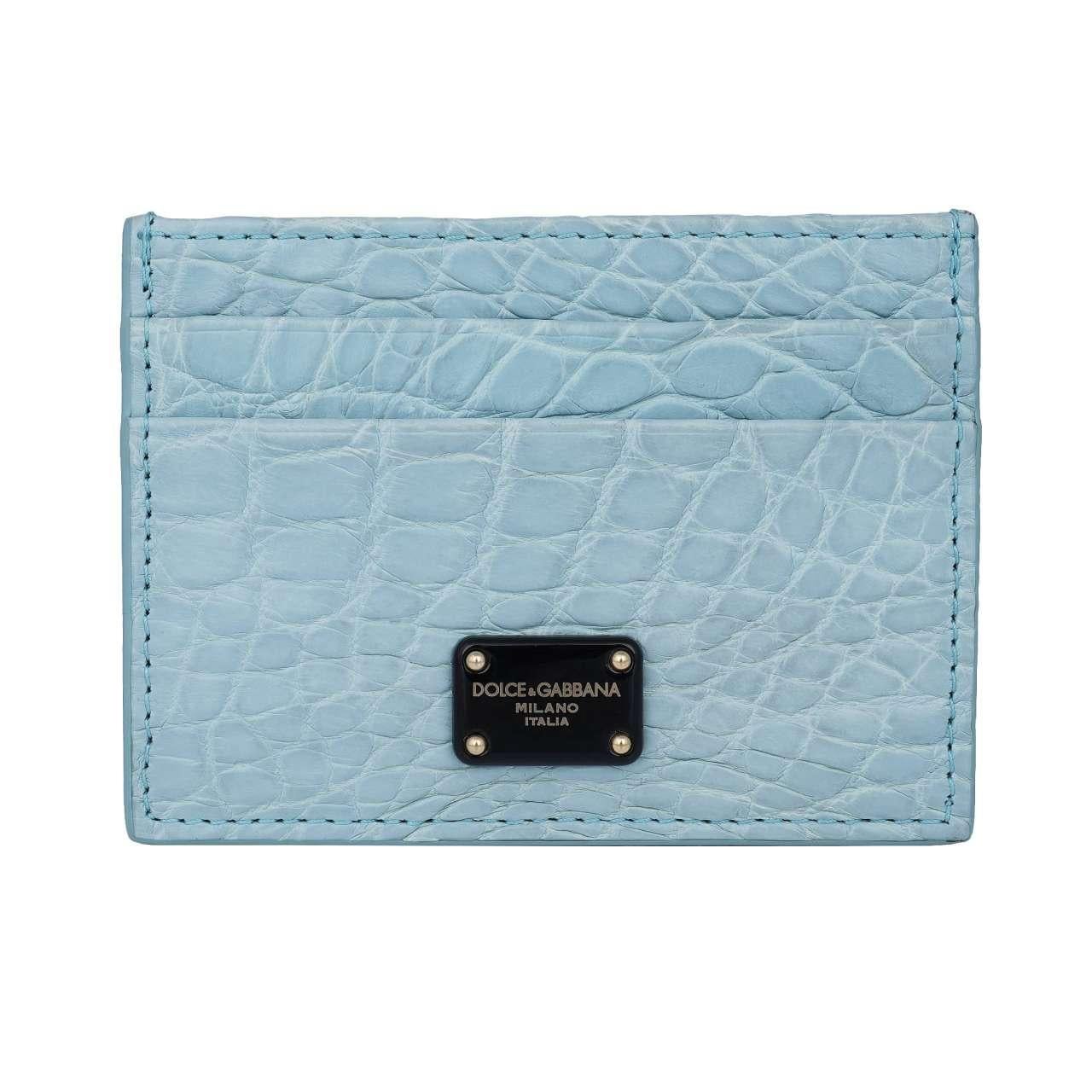 Men's D&G Crocodile Leather Card Etui Wallet with Black Logo Plate Light Blue For Sale