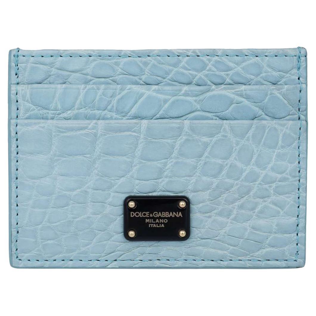 D&G Crocodile Leather Card Etui Wallet with Black Logo Plate Light Blue For Sale