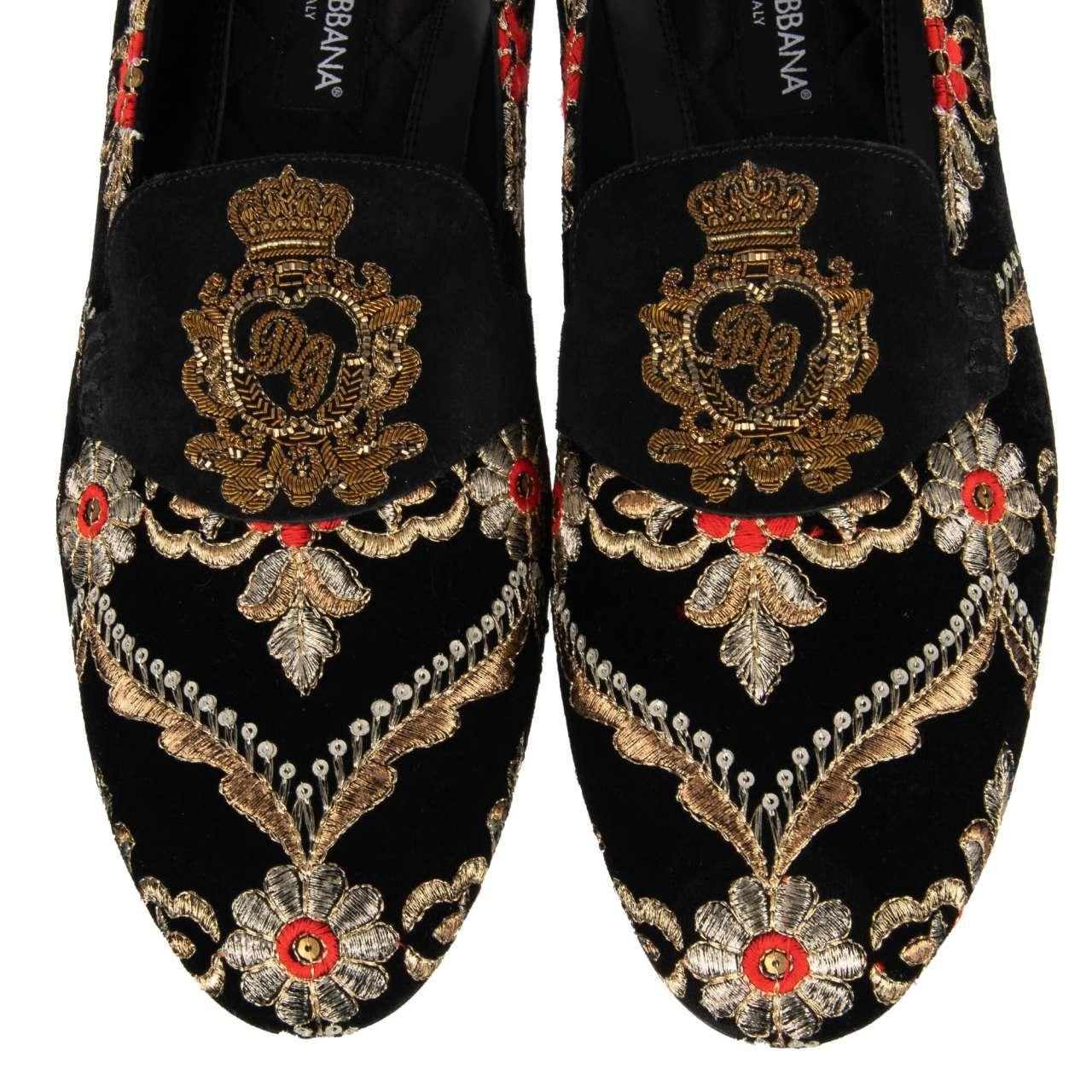 D&G Crown Embroidered Baroque Velvet Loafer VIVALDI Black Gold Red EUR 40 For Sale 2