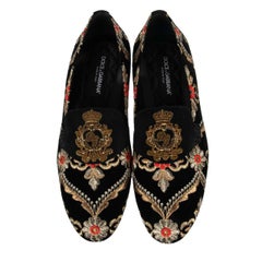 D&G Crown Embroidered Baroque Velvet Loafer VIVALDI Black Gold Red EUR 42.5