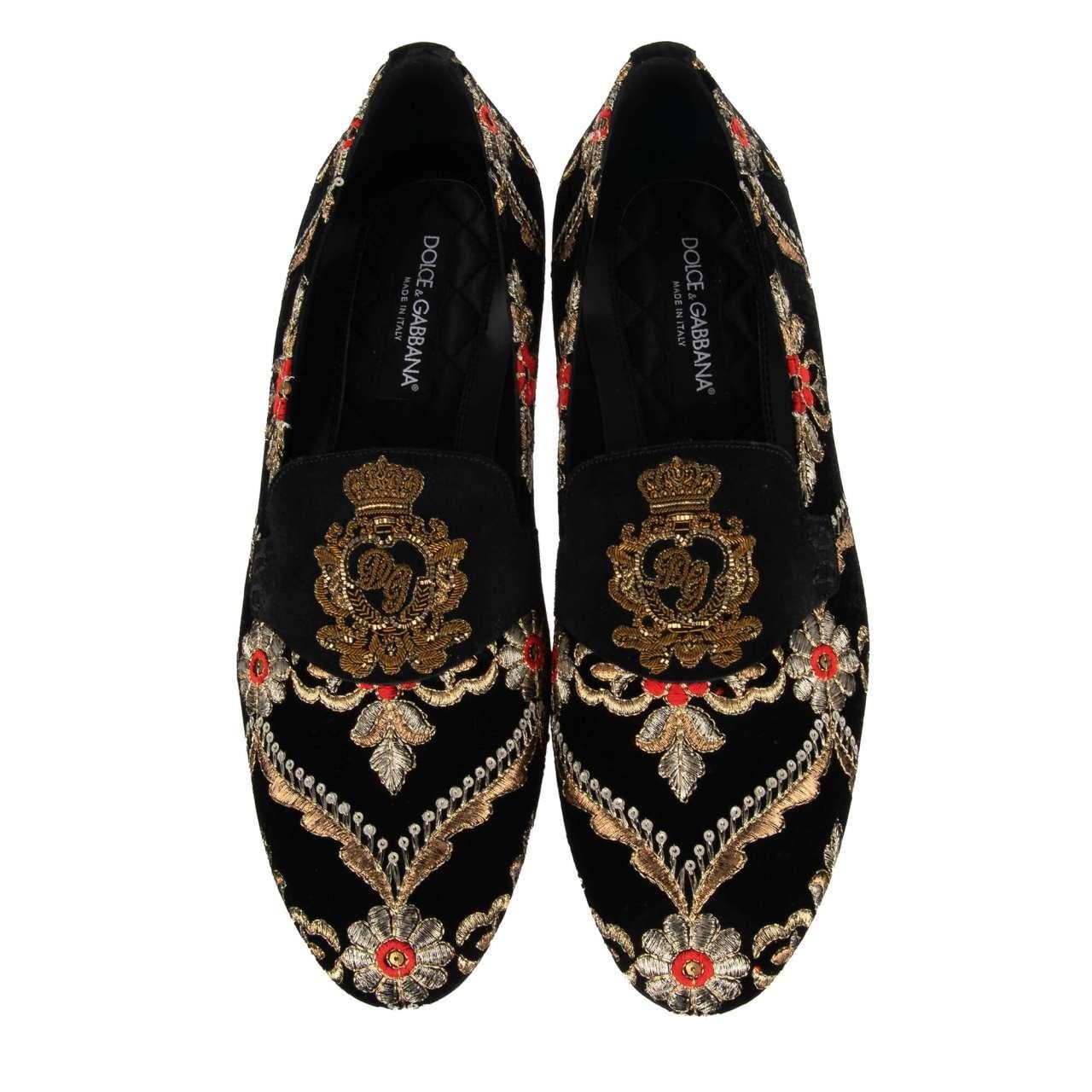 - Velvet loafer shoes VIVALDI with embroidered crown and DG logo and floral pattern in black, red and gold by DOLCE & GABBANA - MADE IN ITALY - New with Box - Model: A50218-AU479-8G900 - Material: 35% Cotton, 35% Polyethylene, 30% Calfskin - Sole: