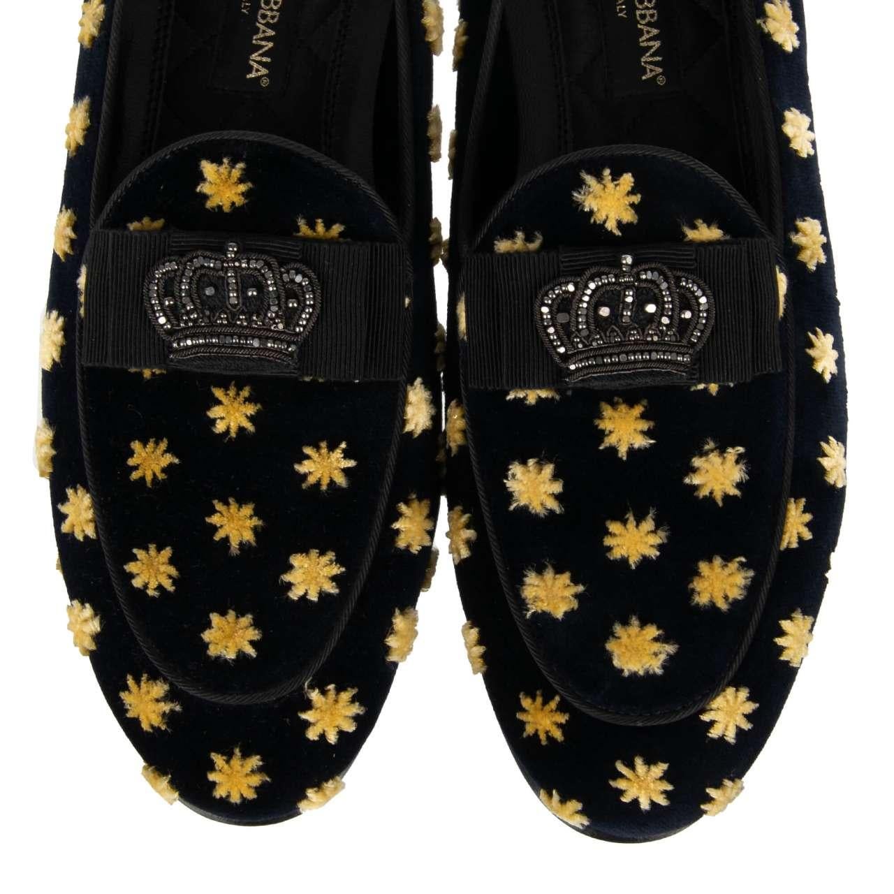 D&G Crown Embroidered Ribbon Stars Velvet Loafer NEW LUKAS Black EUR 41 In Excellent Condition For Sale In Erkrath, DE