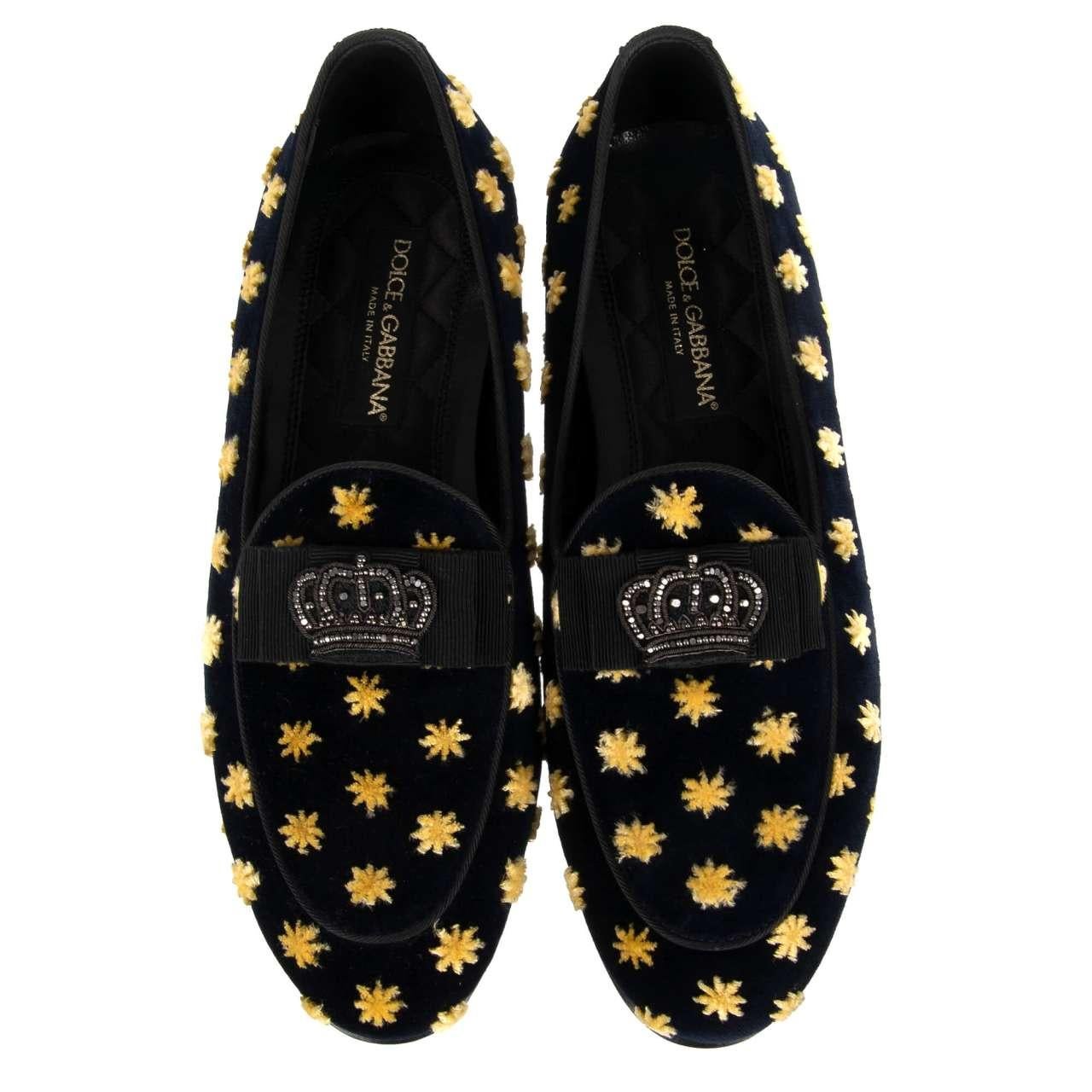 Dolce & Gabbana Loafers Black Velvet Gold Crown