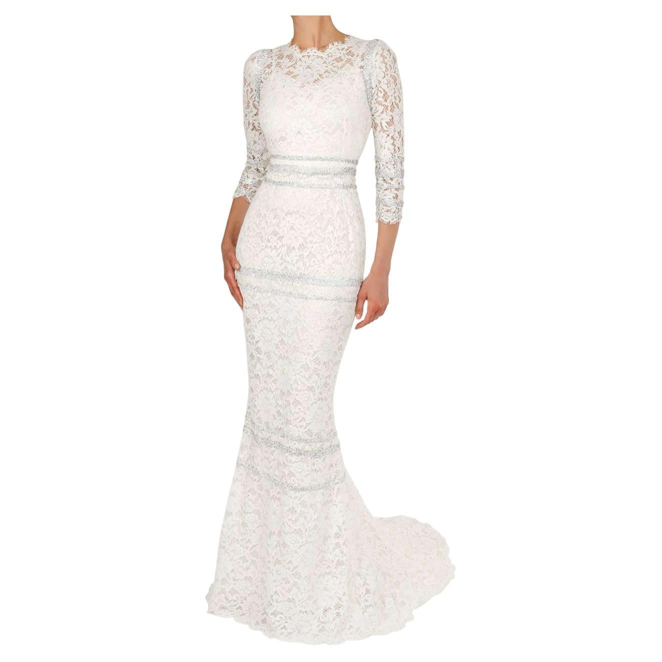 D&G Crystal Embroidery Floral Lace Train Maxi Wedding Dress White 40 XS S For Sale