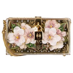 D&G Crystals Plexiglas Clutch Bag DOLCE BOX with Flowers Showcase Gold