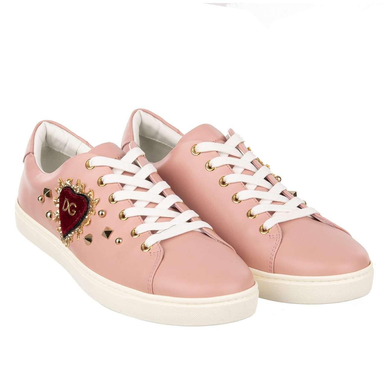- Leather Sneaker LONDON with DG velvet Heart patch and studs in light pink and white by DOLCE & GABBANA - New with Box - MADE IN ITALY - Model: CK0167-B5294-8H415 - Material: 100% Calf leather - Sole: Rubber - Color: White / Pink - DG Heart velvet