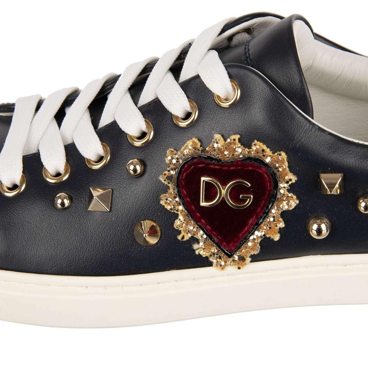 D&G DG Velvet Heart Rose Patch Studs Sneaker LONDON White Dark Blue EUR 35 For Sale 3