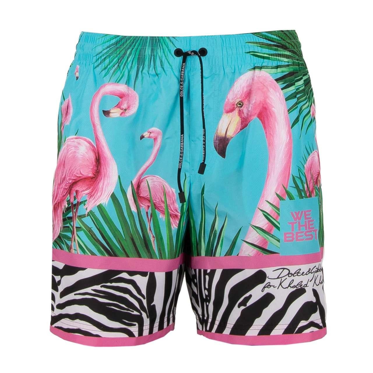 D&G - DJ Khaled Beachwear Swim Shorts with Flamingo Print Pink Blue S In Excellent Condition For Sale In Erkrath, DE