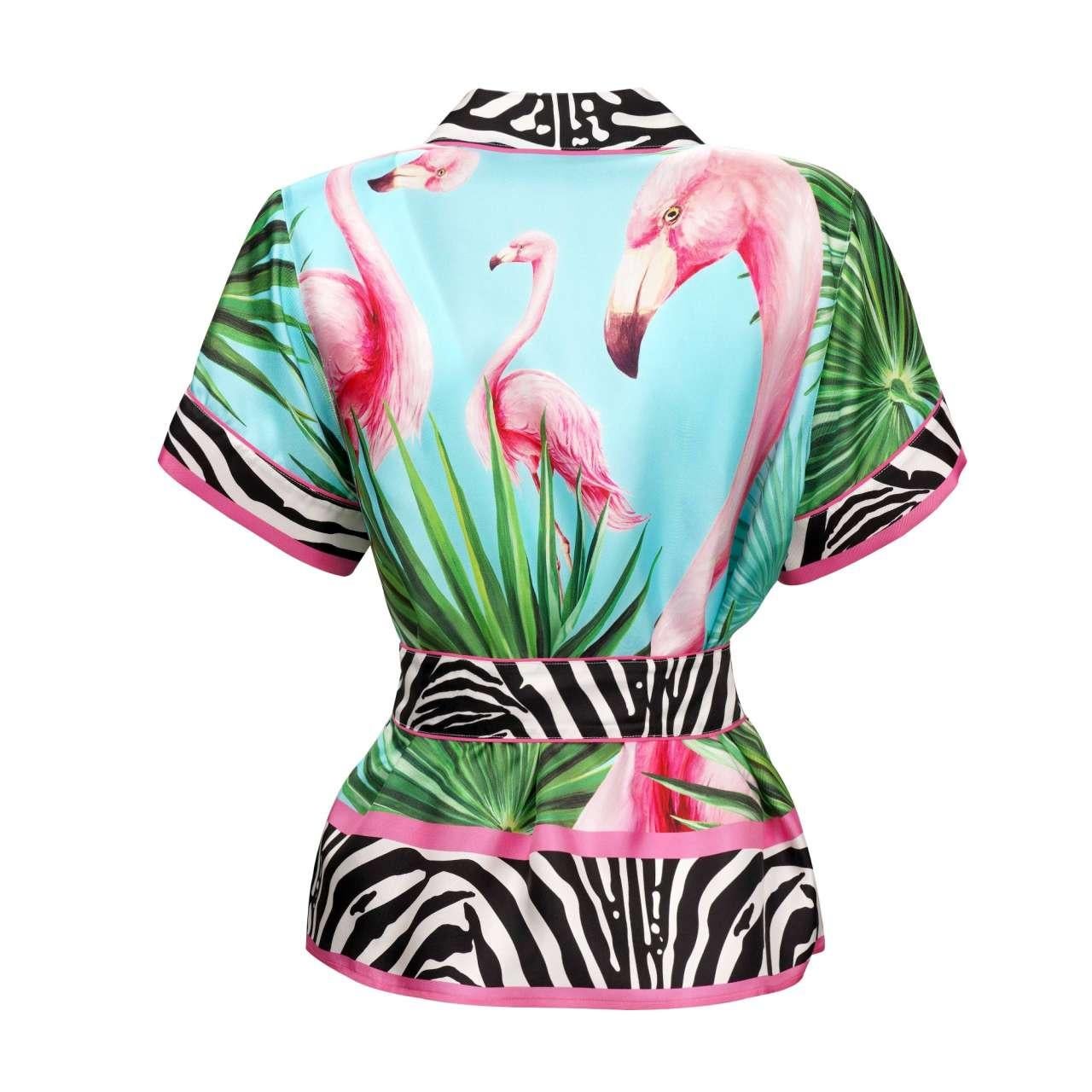 D&G - DJ Khaled Silk Flamingo Zebra Shirt Blouse with Sunglasses and CD 38 In Excellent Condition For Sale In Erkrath, DE