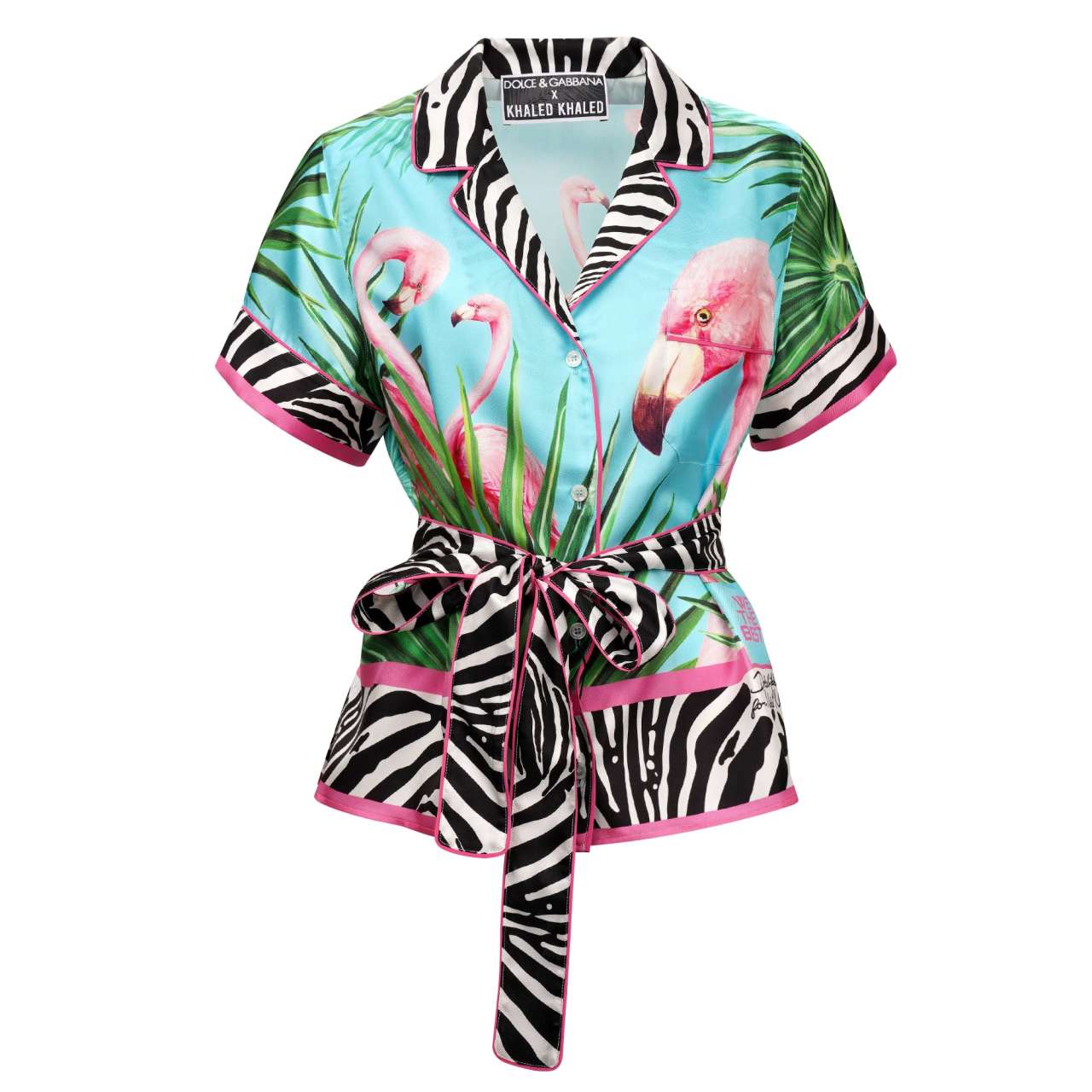 D&G - DJ Khaled Silk Flamingo Zebra Shirt Blouse with Sunglasses and CD 38 For Sale