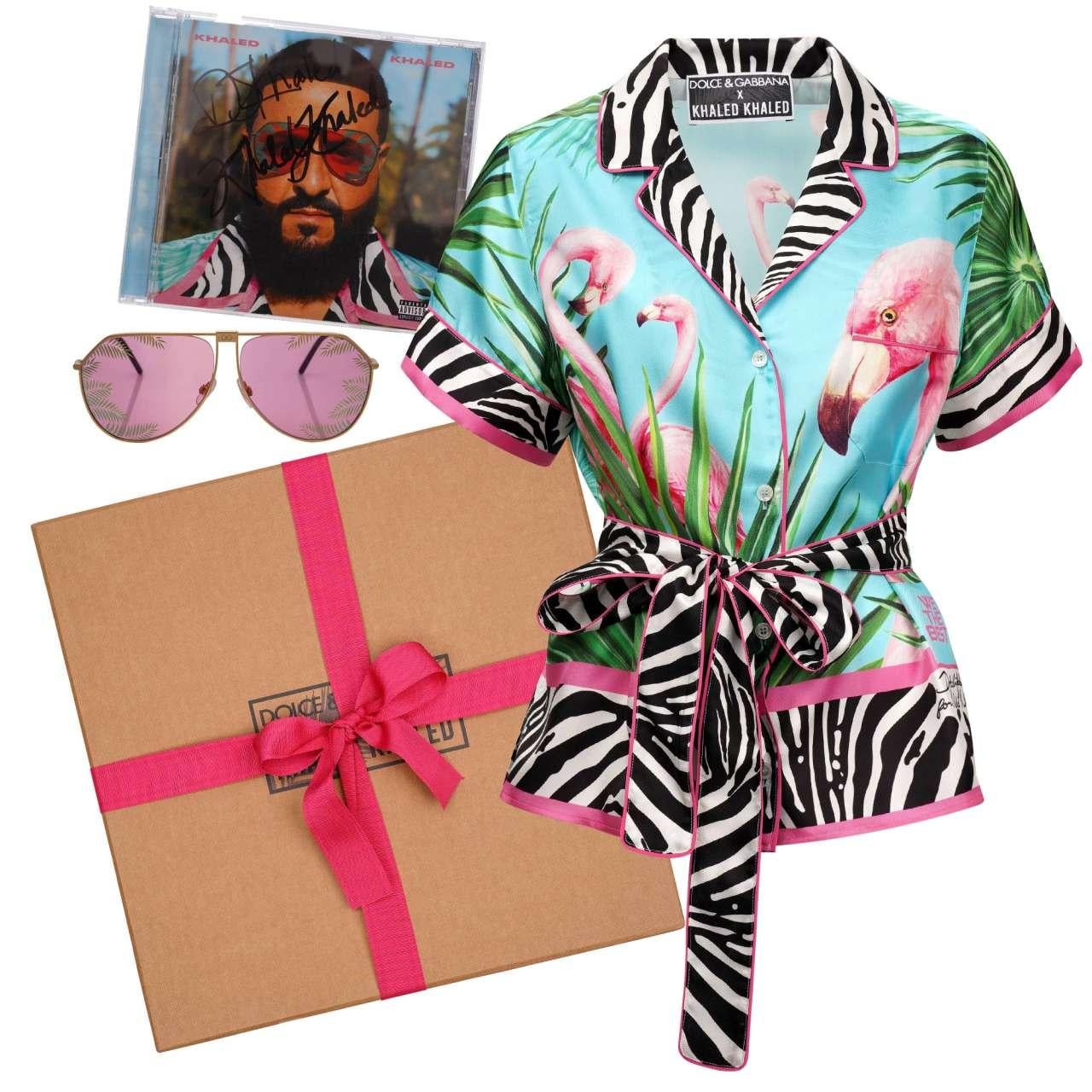 - Special edition by DJ Khaled and DG with Silk Flamingo and Zebra print blouse with belt, tropical Sunglasses and signed CD by DOLCE & GABBANA X KHALED KHALED - New with special Box - Former RRP: EUR 1,355 - MADE IN ITALY - Wide F- Model: