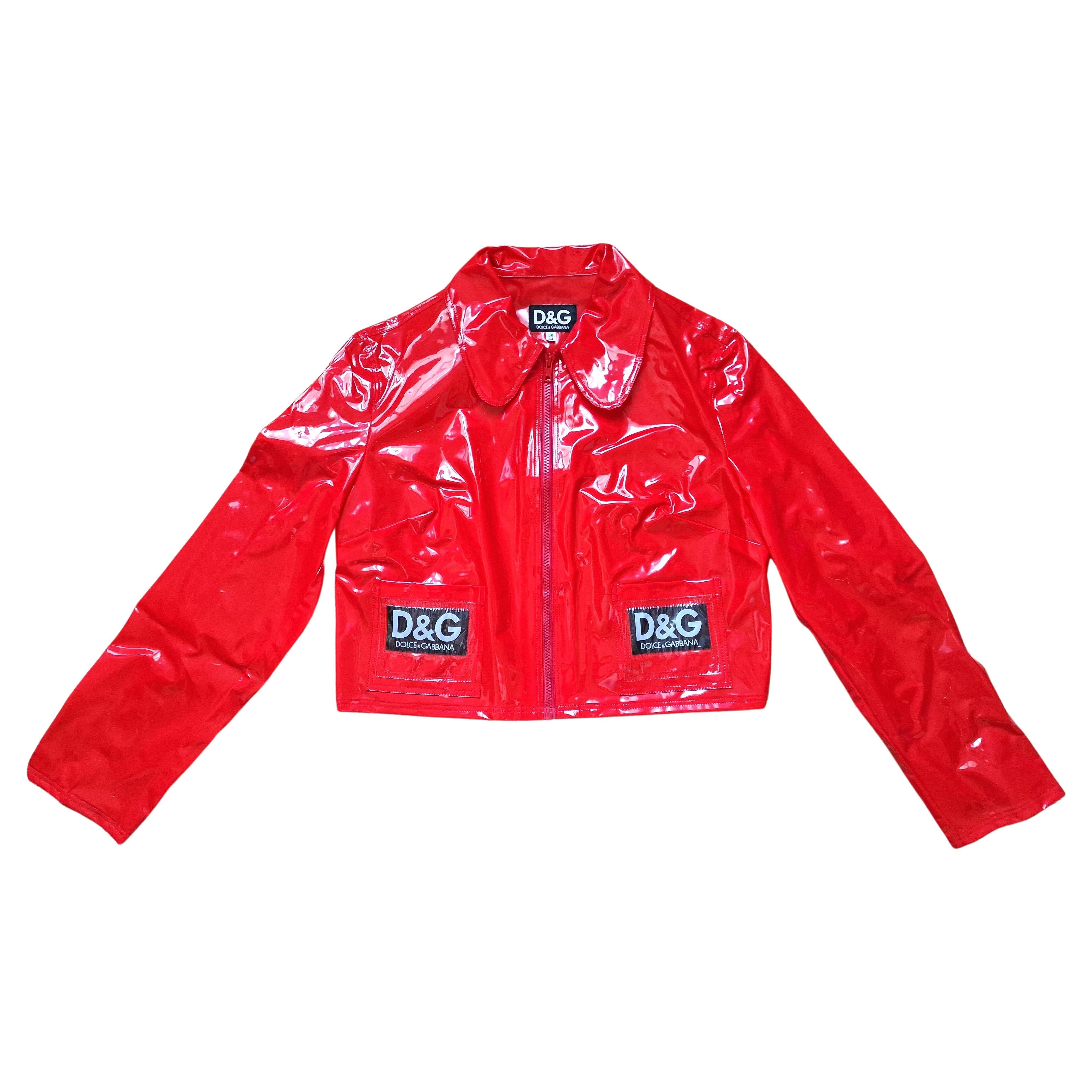 D&G Dolce and Gabbana Crop Red Vintage 90s Wet Latex Look Logo Rain Coat Jacket For Sale