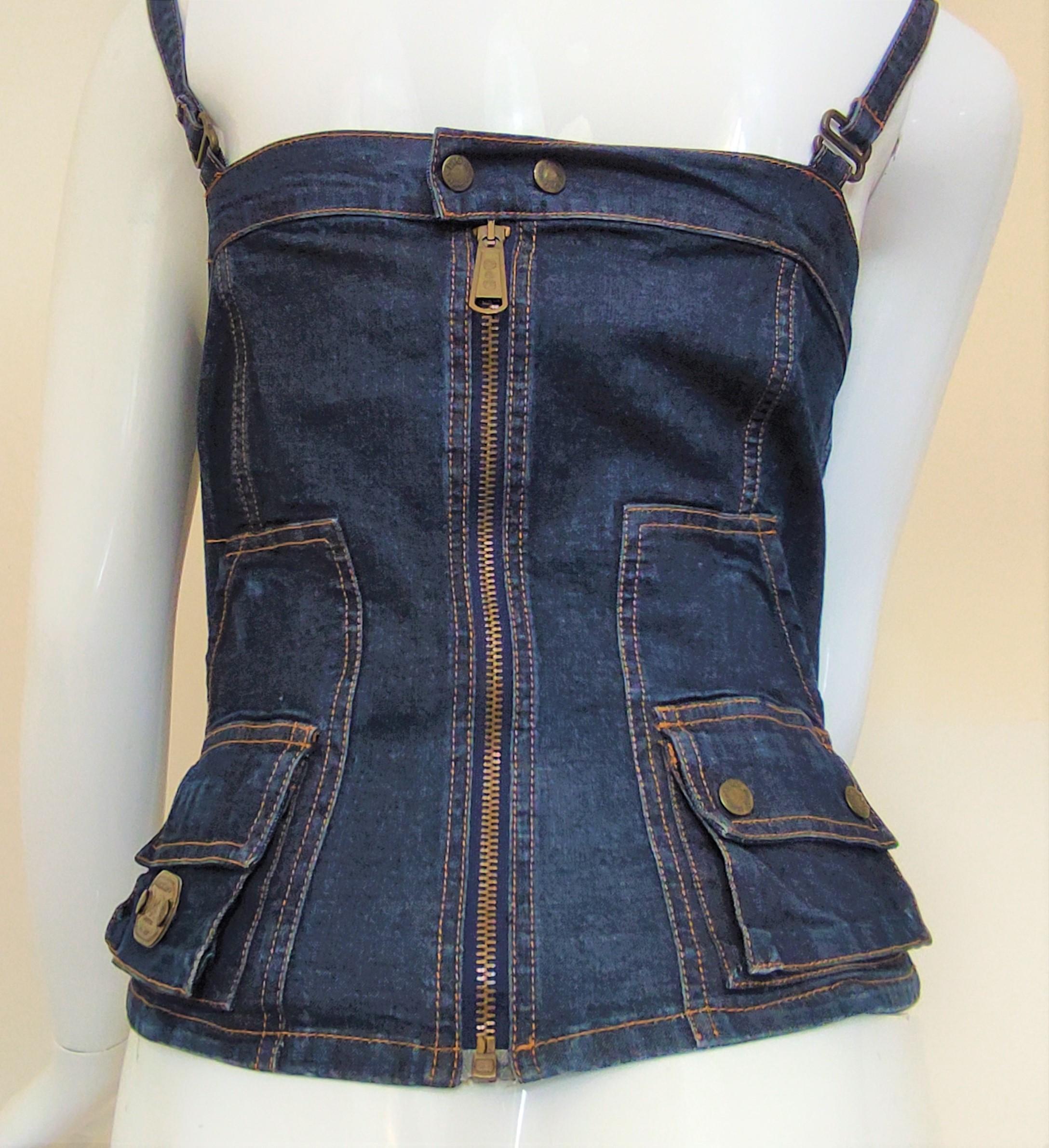 D&G Dolce and Gabbana Denim Bustier Military Vintage Small Cargo Top Corset For Sale 2