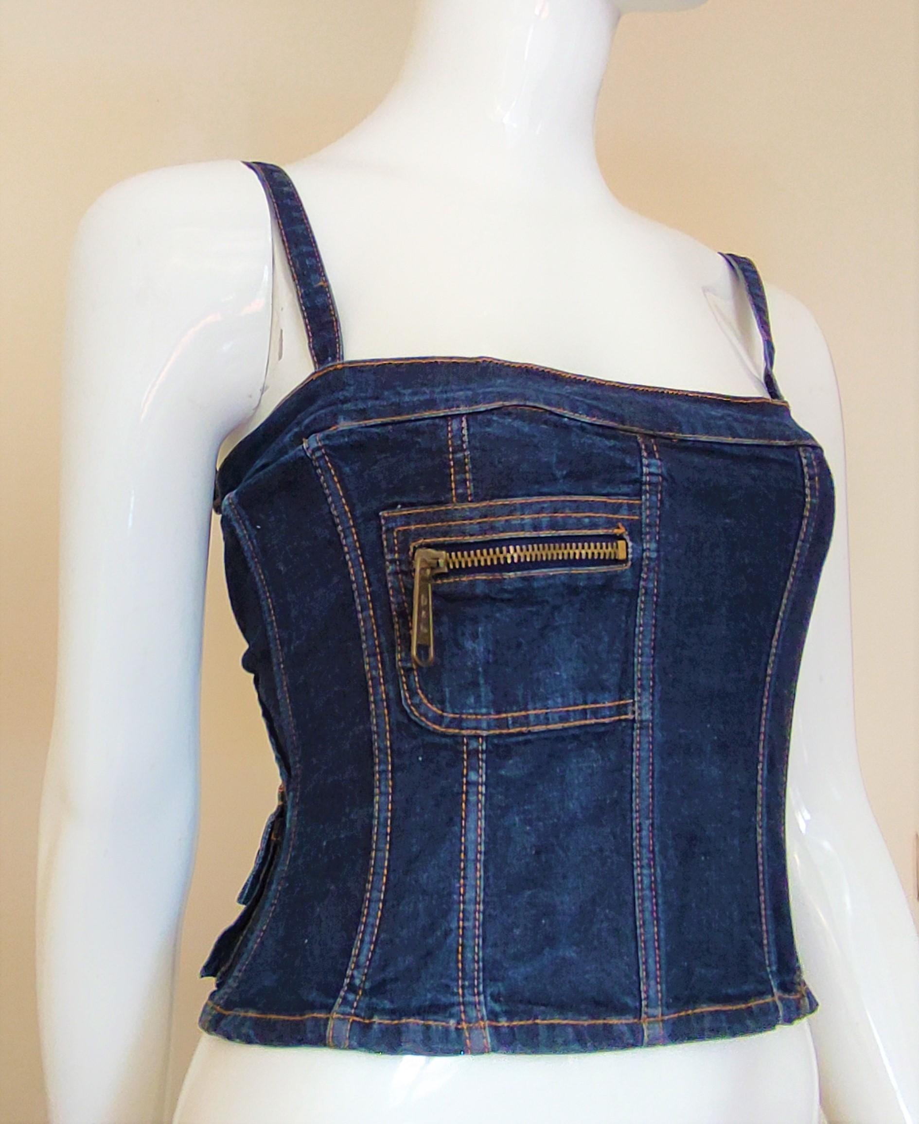 D&G Dolce and Gabbana Denim Cargo Military Fishbone Bustier Vintage Top Corset In Excellent Condition In PARIS, FR
