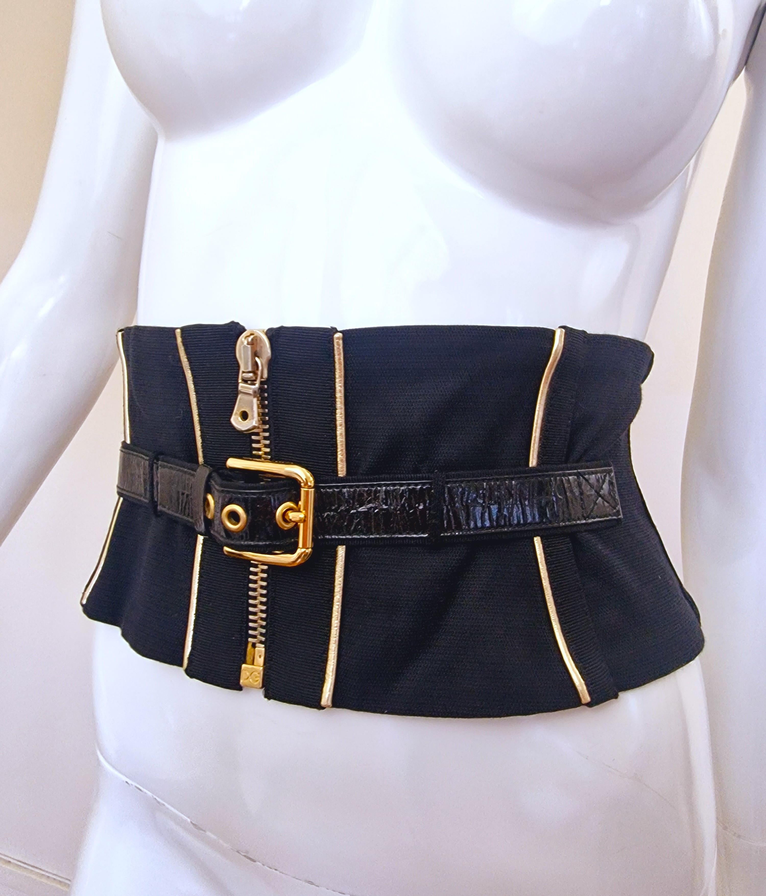 D&G Dolce and Gabbana Metal Leather Gold Bondage Black Bustier Top Corset Belt For Sale 2