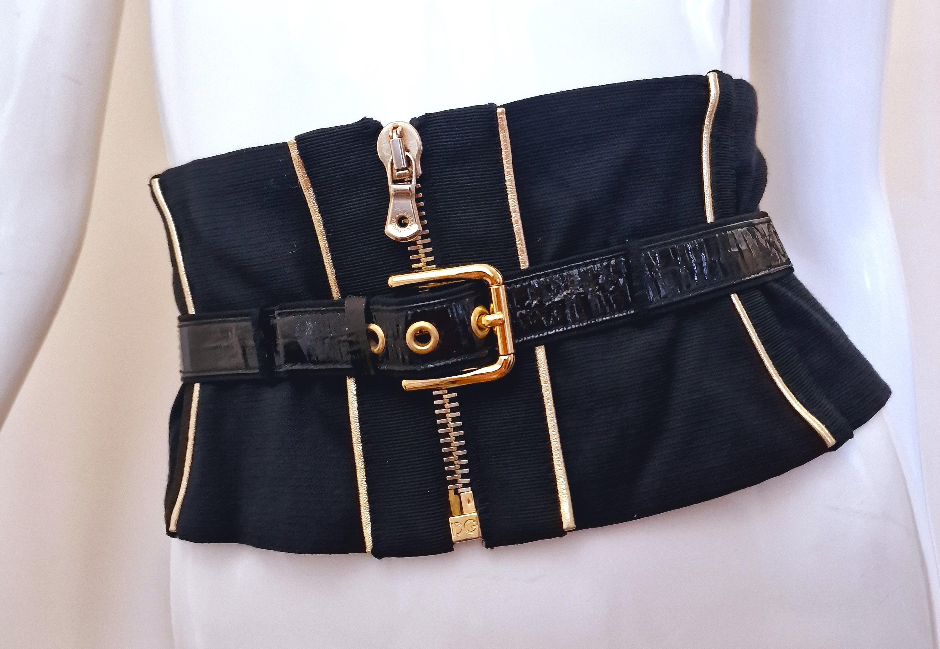 D&G Dolce and Gabbana Metal Leather Gold Bondage Black Bustier Top Corset Belt For Sale 3