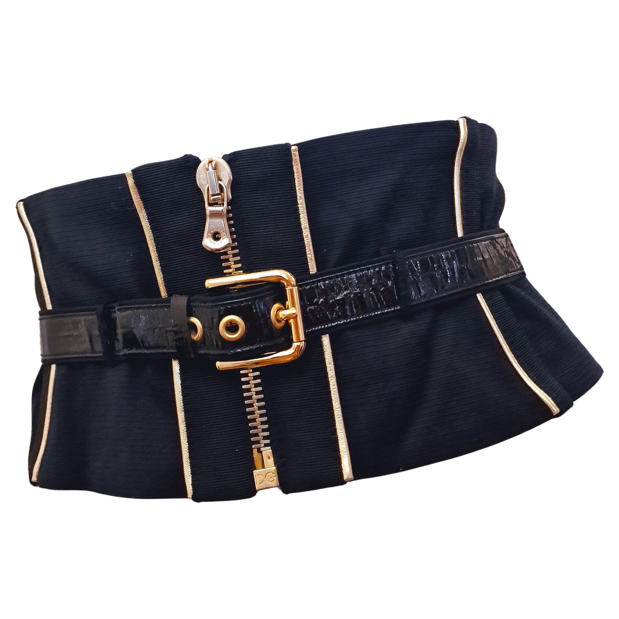 D&G Dolce and Gabbana Metal Leather Gold Bondage Black Bustier Top Corset Belt For Sale