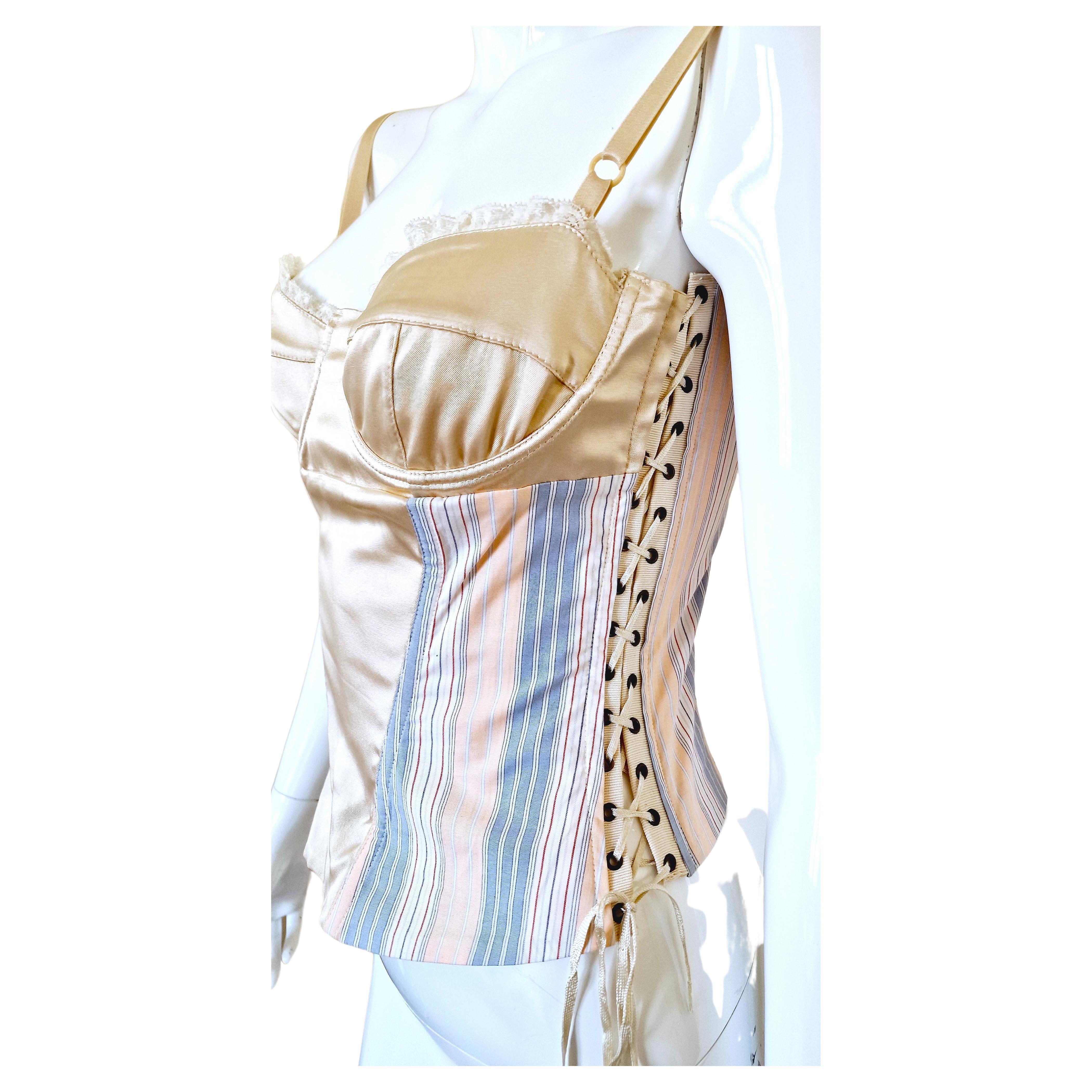 D&G Dolce and Gabbana Striped Bustier Lace Up Vintage Medium Rose Top Corset For Sale