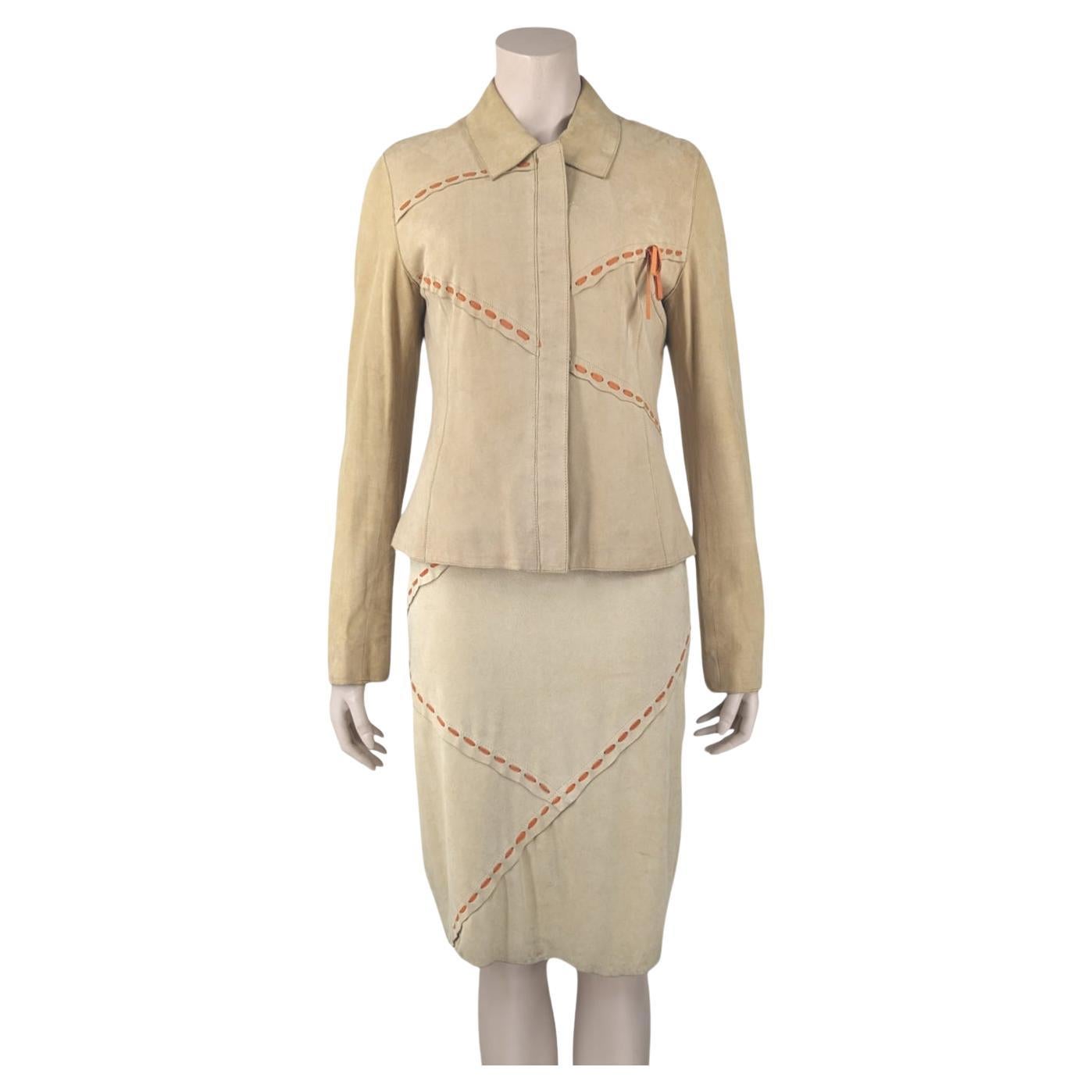 D&G Dolce and Gabbana Suede Leather Brown Set Dress and Jacket 2000s For Sale