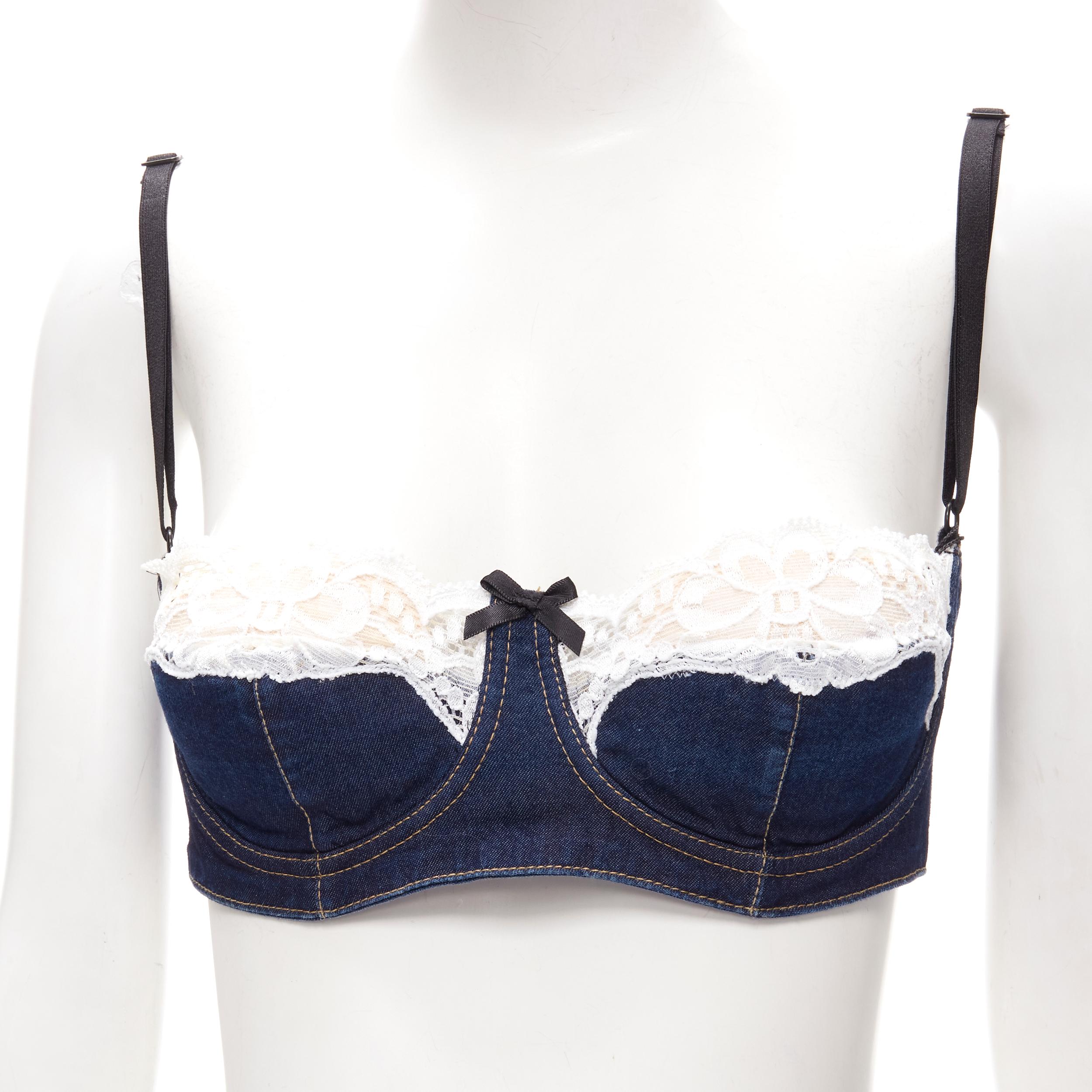 D&G DOLCE GABBANA 2001 Vintage white lace trim denim padded bra S 
Reference: ANWU/A00674 
Brand: D&G 
Collection: Spring Summer 2001 Runway 
Material: Denim 
Color: Blue 
Pattern: Solid 
Closure: Hook & Eye 
Extra Detail: Indigo denim with