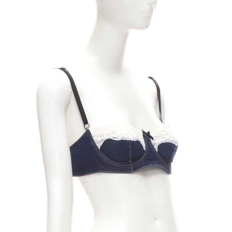 Gray D&G DOLCE GABBANA 2001 Vintage white lace trim denim padded bra S
