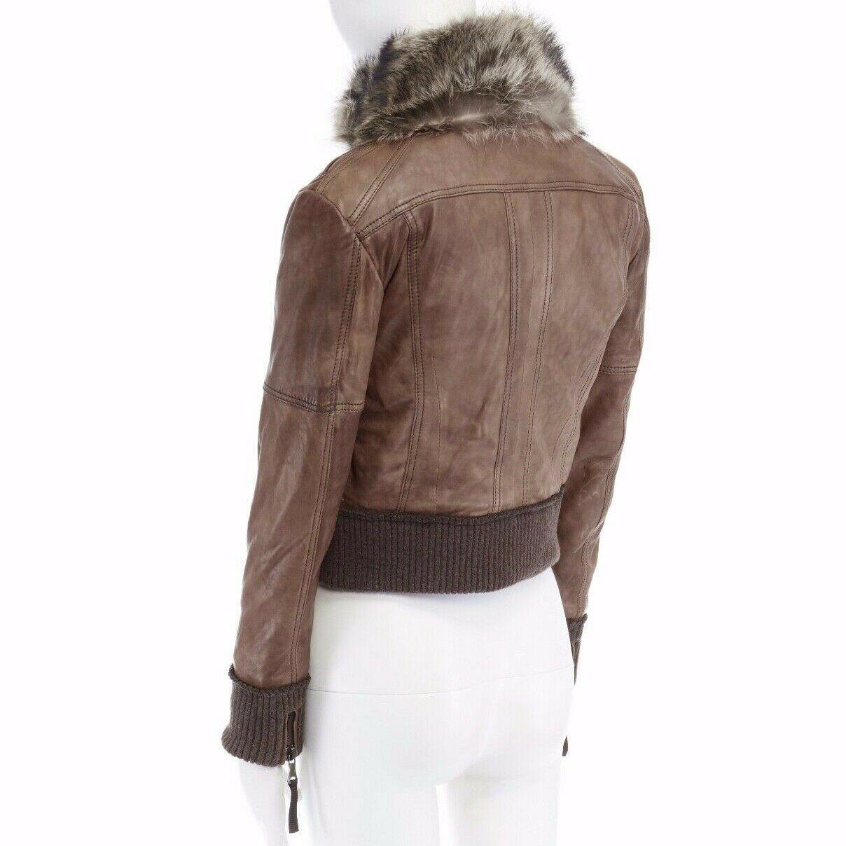 Brown D&G DOLCE GABBANA brown leather fur collar aviator bomber jacket IT38 US0 XS