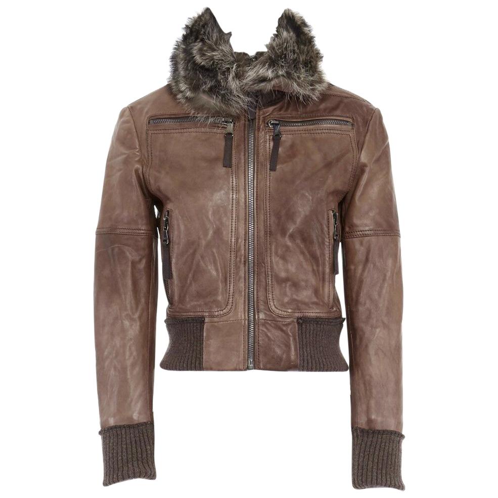 D&G DOLCE GABBANA brown leather fur collar aviator bomber jacket IT38 US0 XS