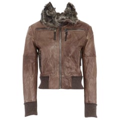 D&G DOLCE GABBANA brown leather fur collar aviator bomber jacket IT38 US0 XS