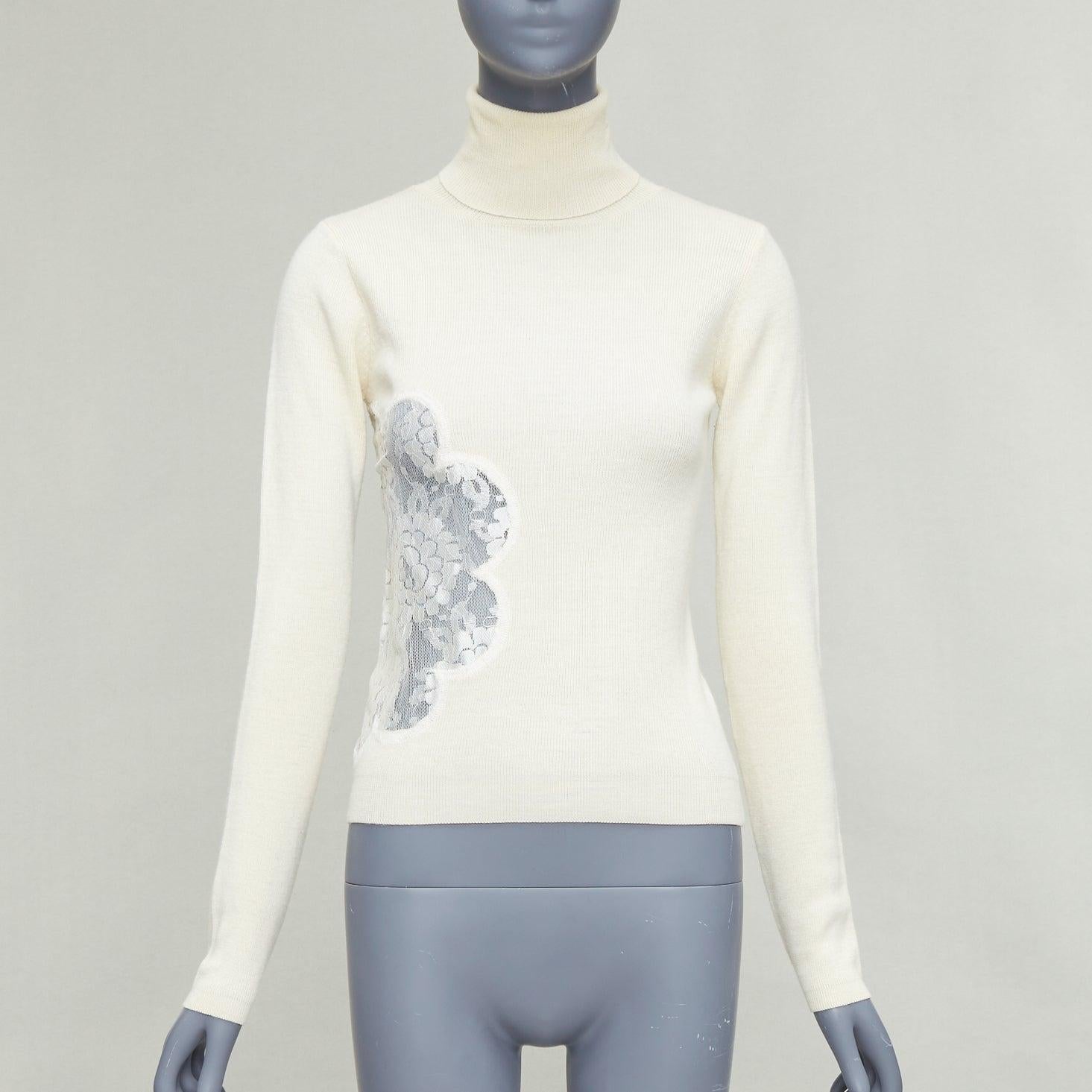 Grigio D&G by DOLCE & GABBANA crema in lana merino floreale  dolcevita in pizzo trasparente IT42 M in vendita