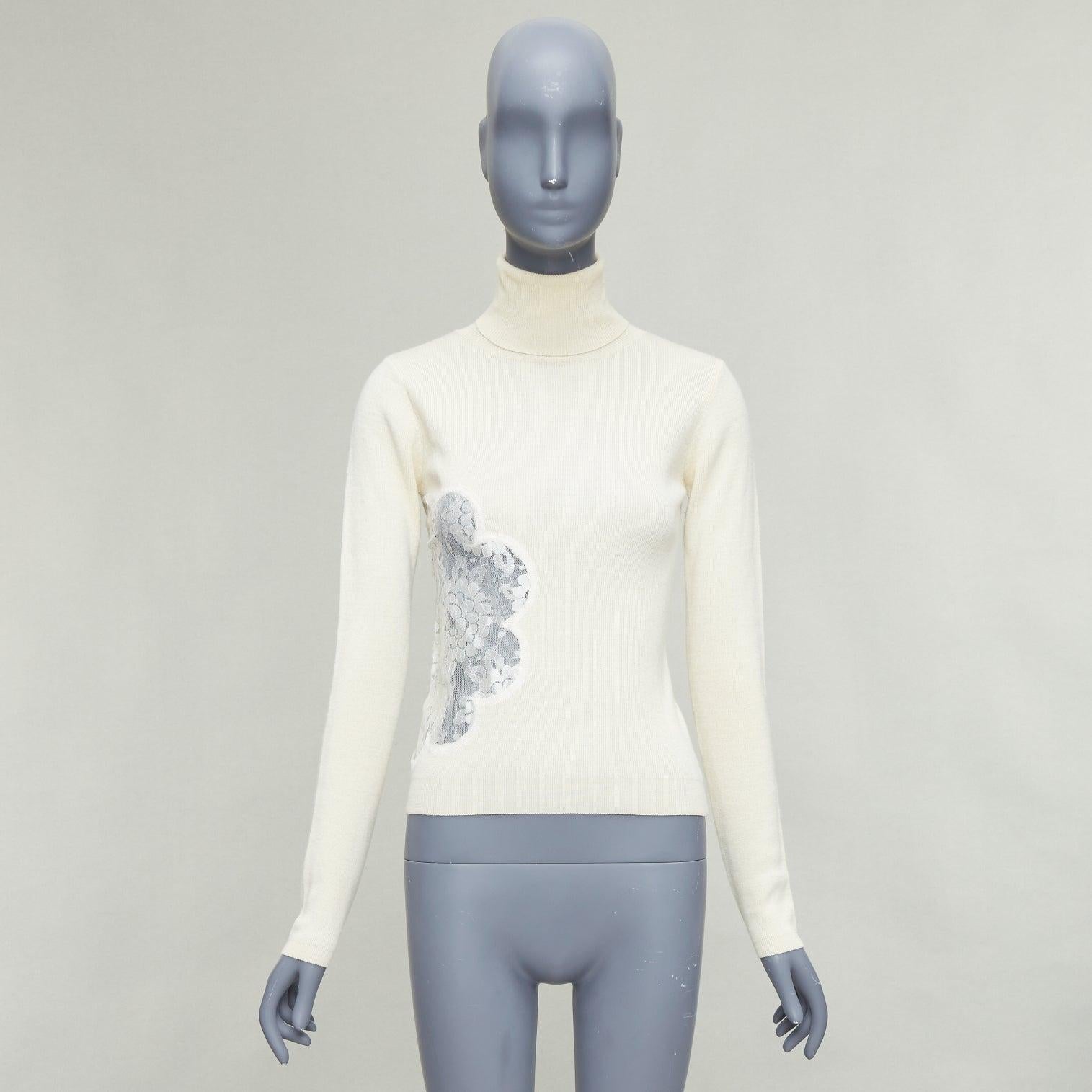 D&G by DOLCE & GABBANA crema in lana merino floreale  dolcevita in pizzo trasparente IT42 M in vendita 4